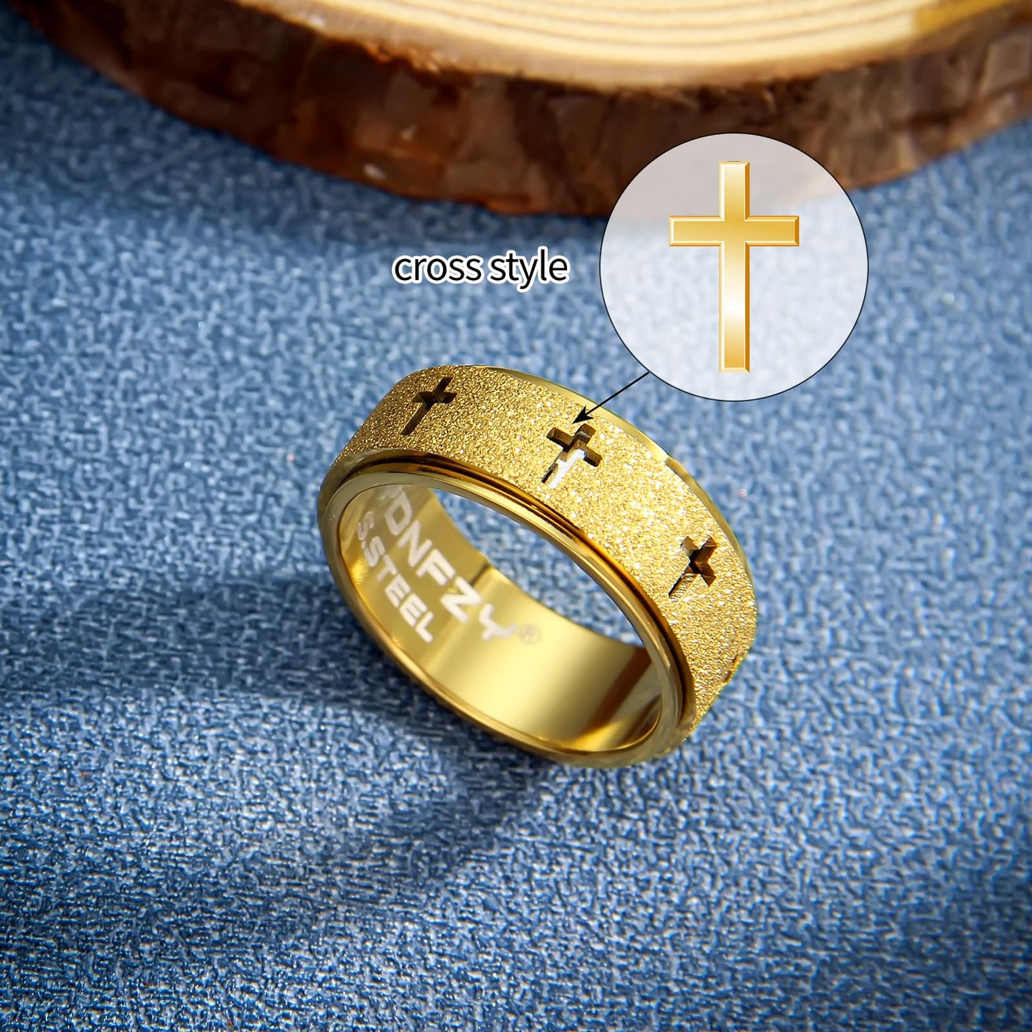 SYDNFZY Anxiety Spinner Ring for Men - 8mm Stainless Steel Fidget Ring, Cross Spinner for Stress Relief