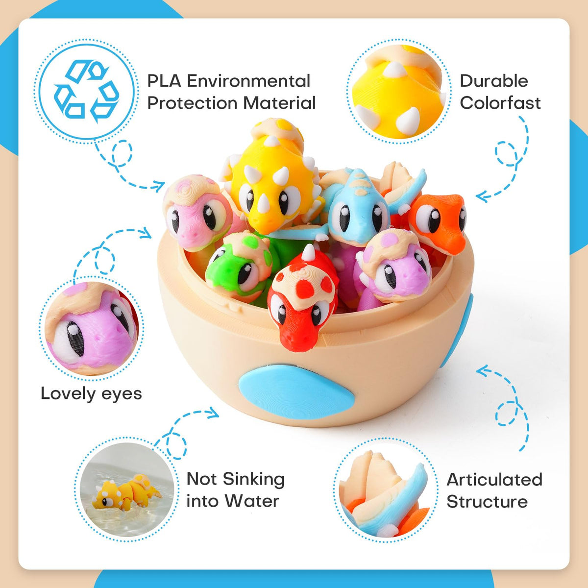 SYEFKJSA 7PCS 3D Printed Dinosaur Eggs Set – Articulated Dino Toys for Desk Decor