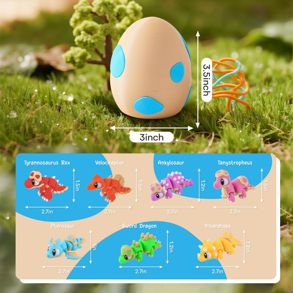 SYEFKJSA 7PCS 3D Printed Dinosaur Eggs Set – Articulated Dino Toys for Desk Decor