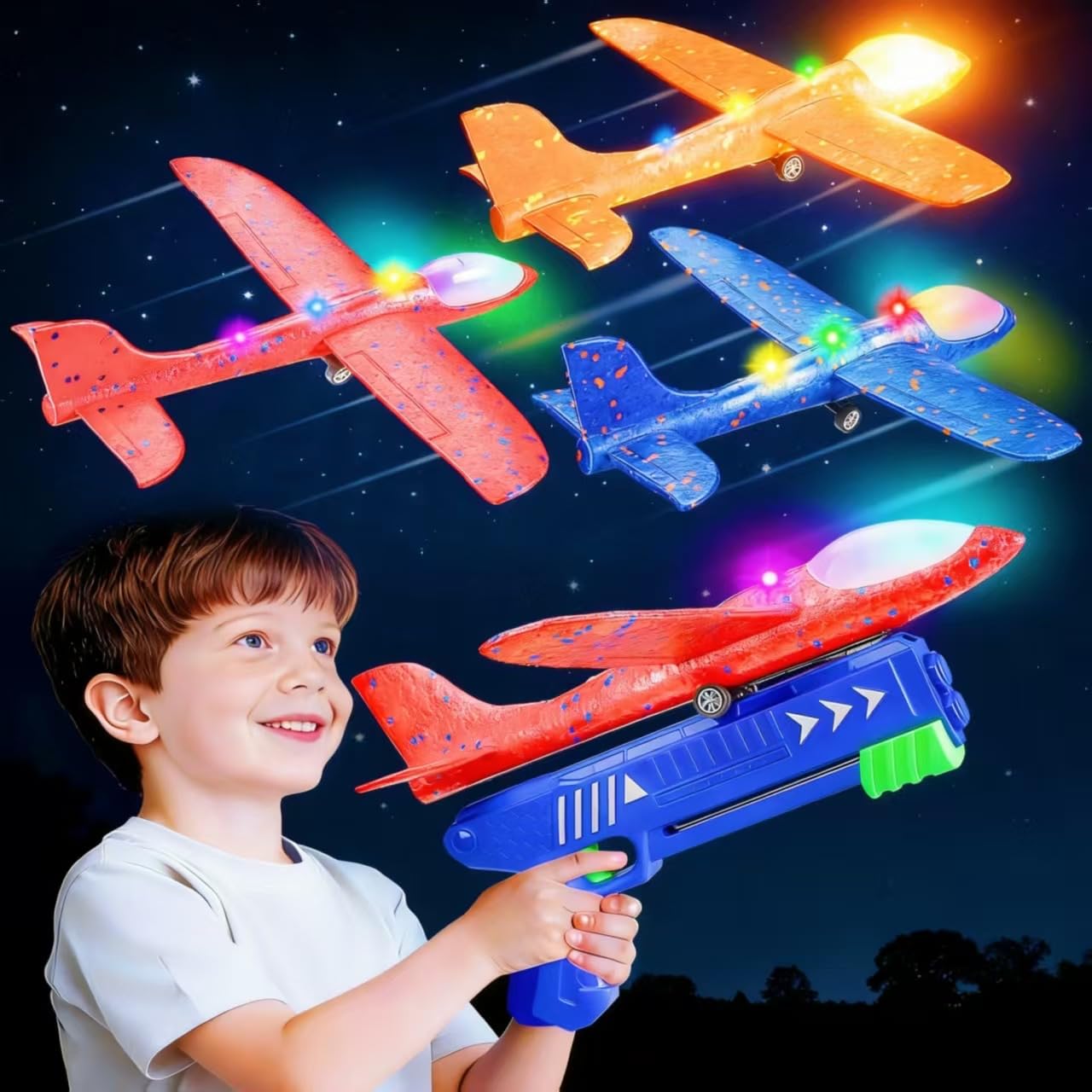 SYHLN 3 Pack Airplane Launcher Toys – LED Foam Glider Planes for Outdoor Fun (Ages 4-9)