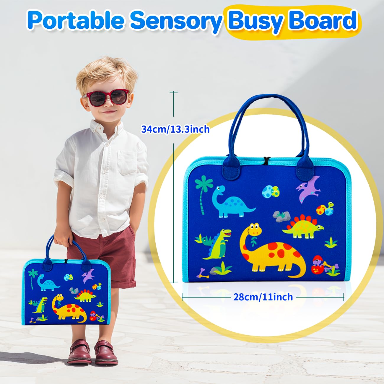 SYHLN Toddler Montessori Busy Board – 25-in-1 Learning Toy for Preschoolers, Travel & Sensory Play (Dinosaur Design)