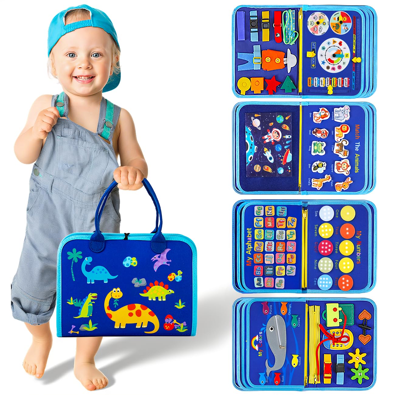 SYHLN Toddler Montessori Busy Board – 25-in-1 Learning Toy for Preschoolers, Travel & Sensory Play (Dinosaur Design)