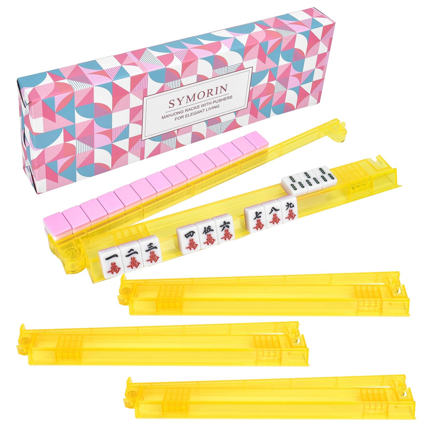 SYMORIN Non-Slip Mahjong Racks with Pushers - 4-Pack Clear Acrylic (Yellow) - Gift-Ready