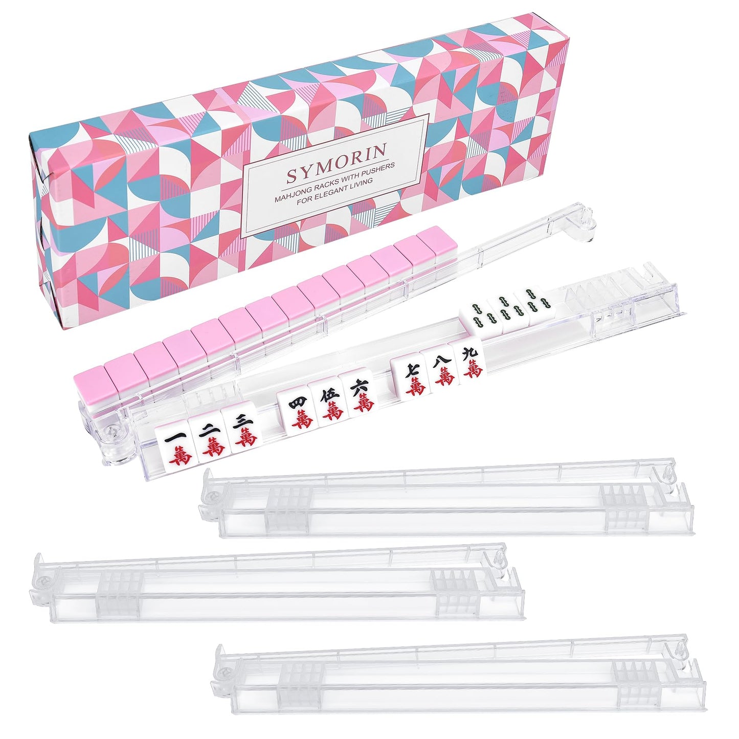 SYMORIN Non-Slip Mahjong Racks with Pushers – 4-Pack Clear Acrylic, Gift-Ready