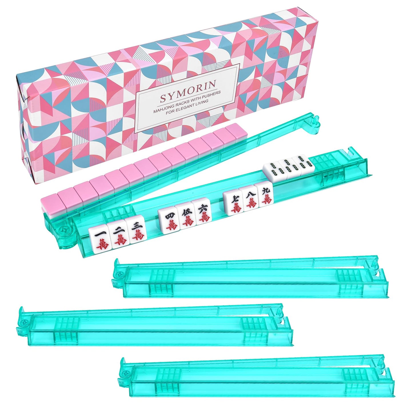 SYMORIN Non-Slip Mahjong Racks with Pushers – 4-Pack Clear Green Acrylic