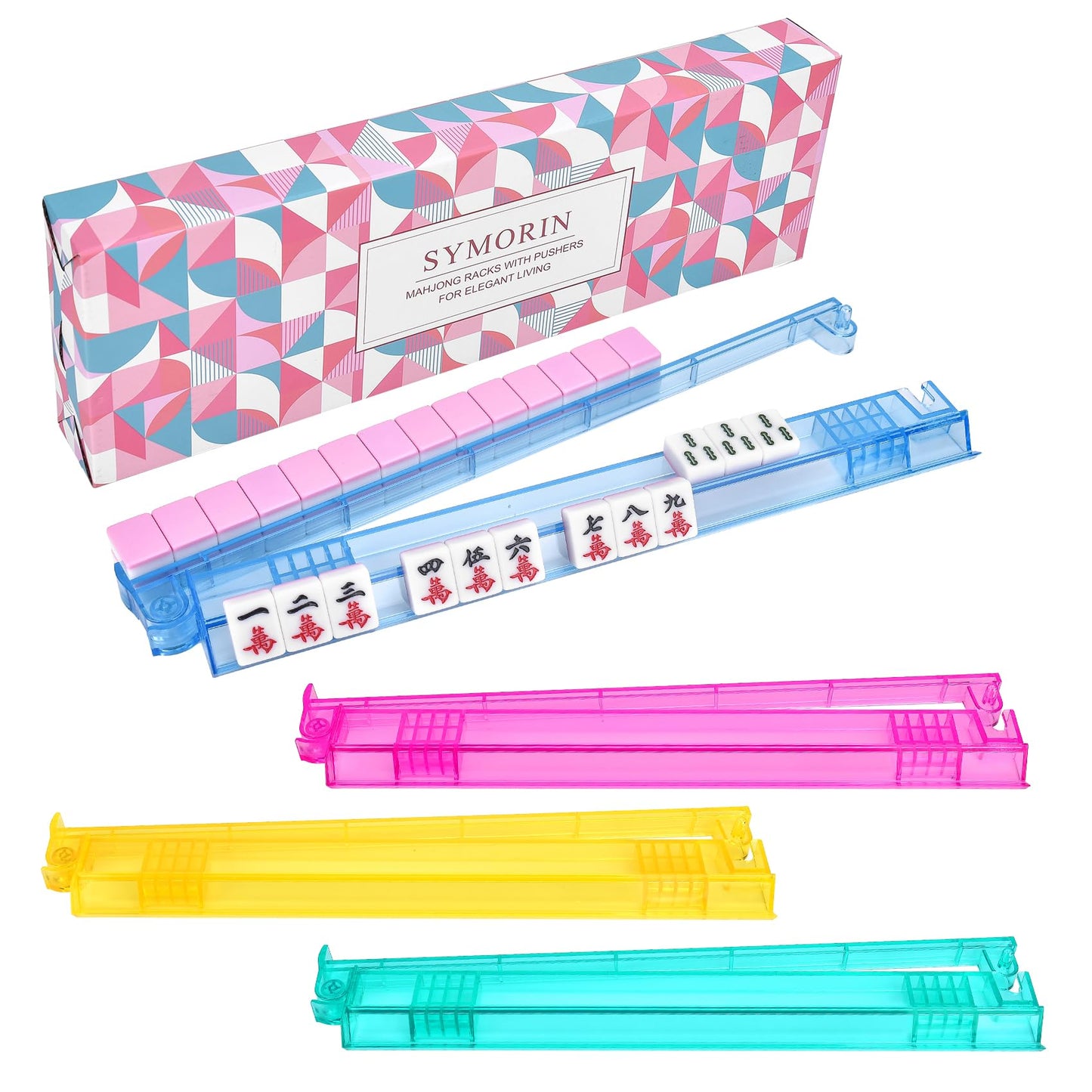 SYMORIN Non-Slip Mahjong Racks with Pushers - 4-Pack Clear Acrylic (4 Colors)