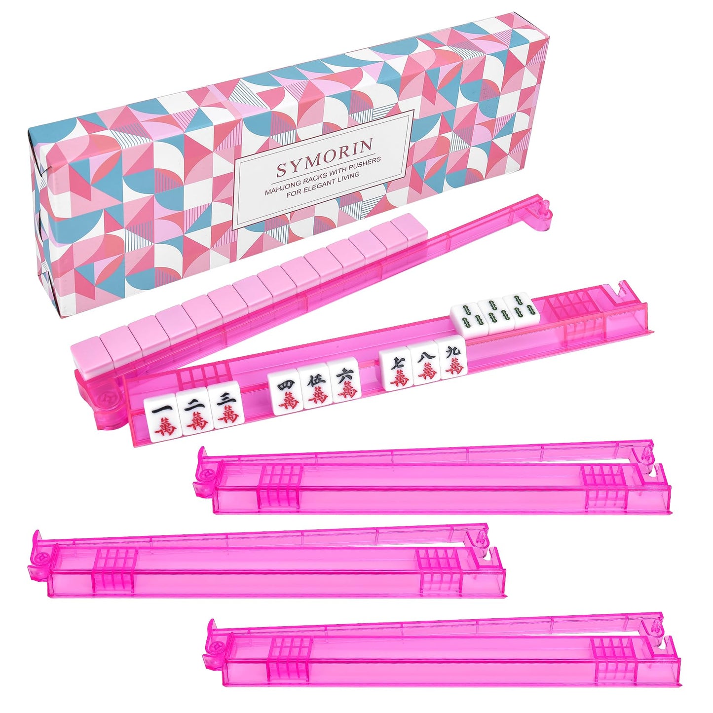 SYMORIN Non-Slip Mahjong Racks with Pushers – 4-Pack, Pink Clear Acrylic, Gift-Ready
