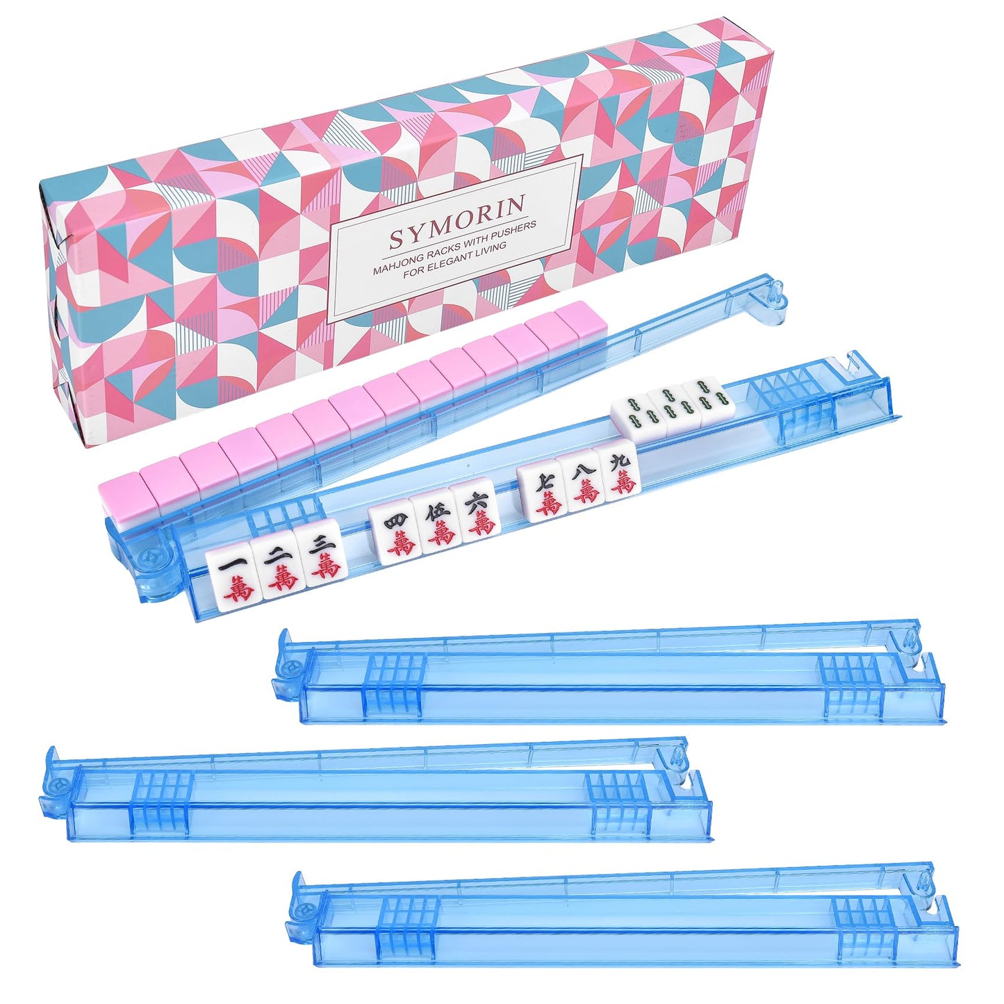 SYMORIN Non-Slip Mahjong Racks with Pushers – 4-Pack Clear Acrylic, Gift-Ready (Blue)