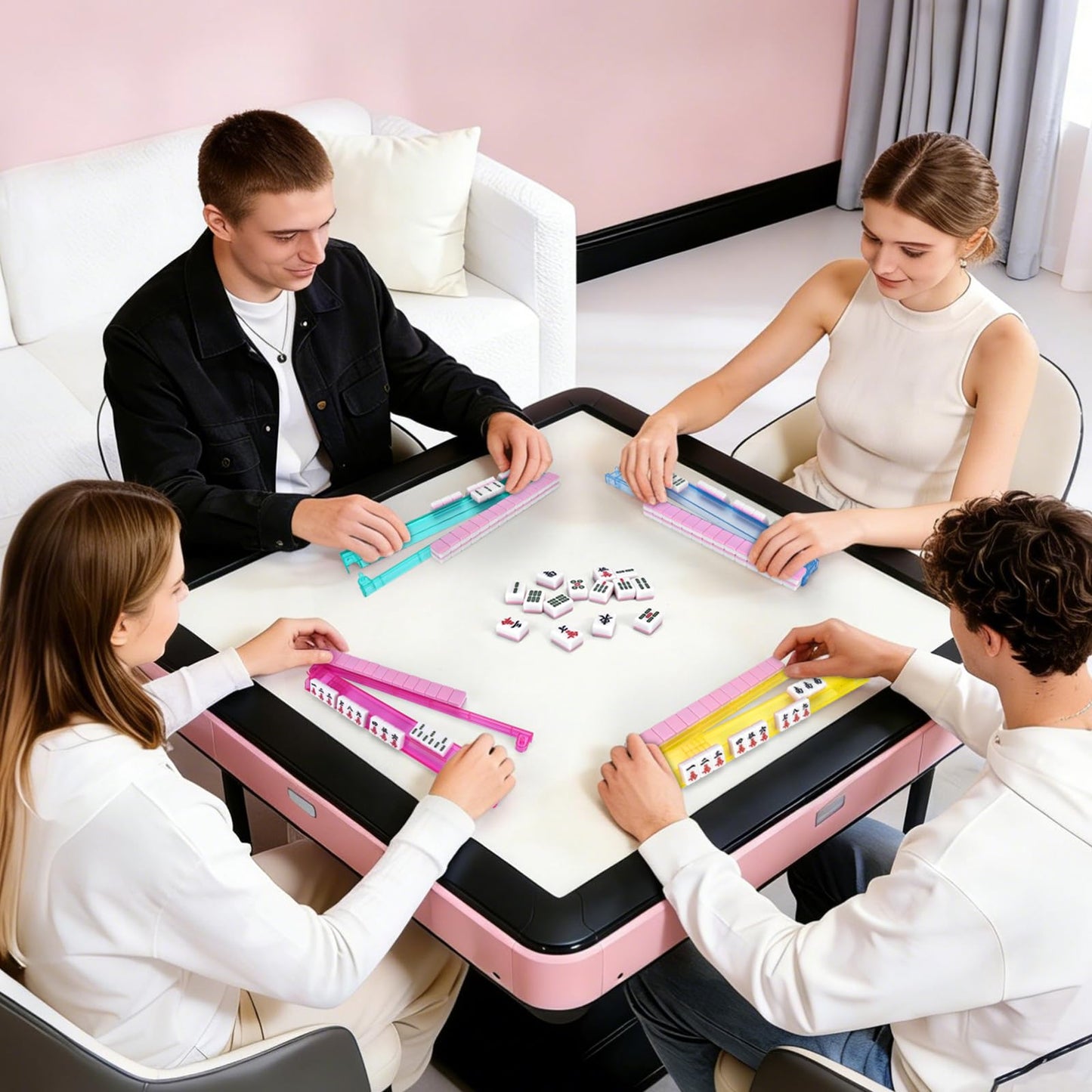 SYMORIN Non-Slip Mahjong Racks with Pushers - 4-Pack Clear Acrylic (Yellow) - Gift-Ready