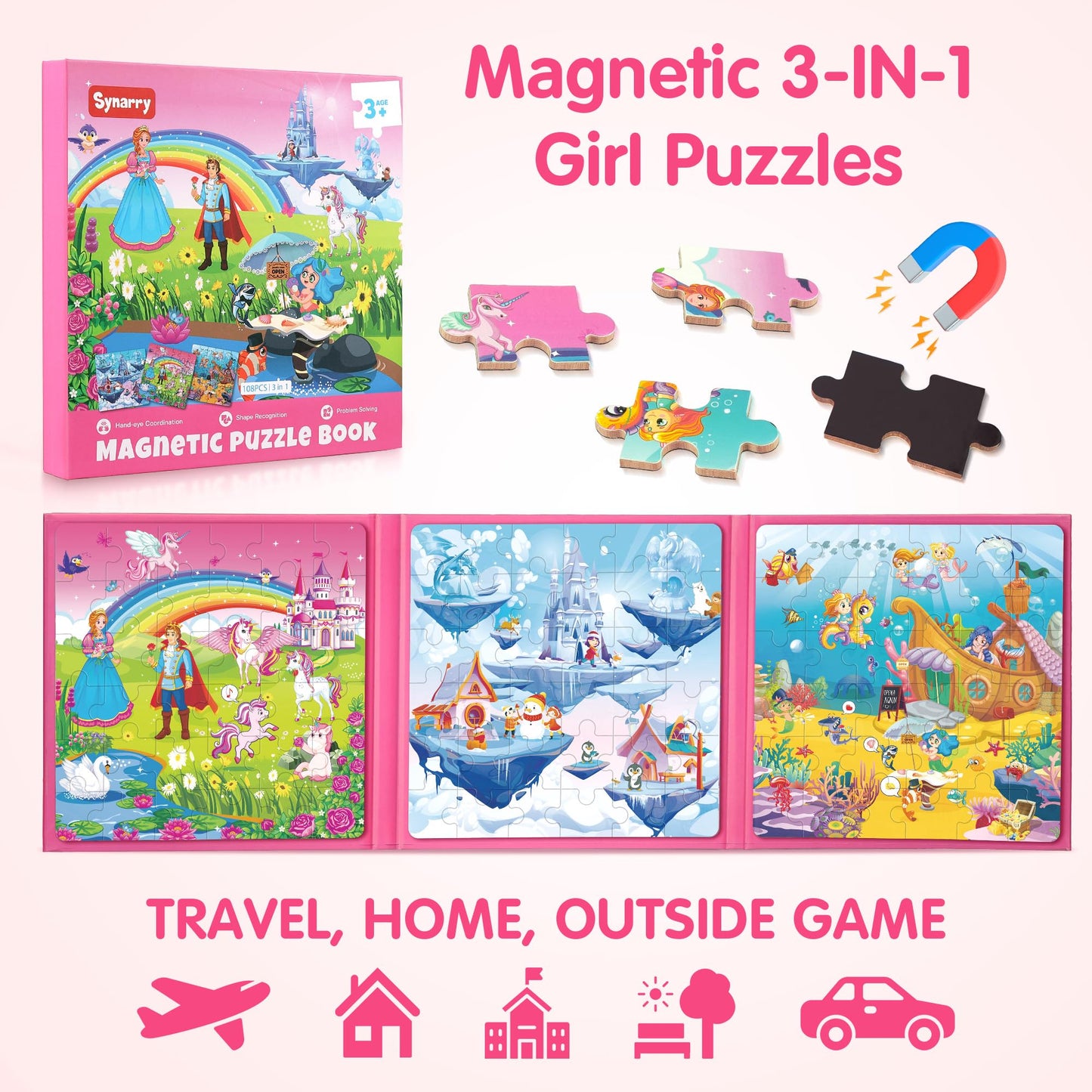SYNARRY Unicorn Princess Mermaid Magnetic Puzzles – 36-Piece Travel Puzzles for Toddlers (Ages 3-8)
