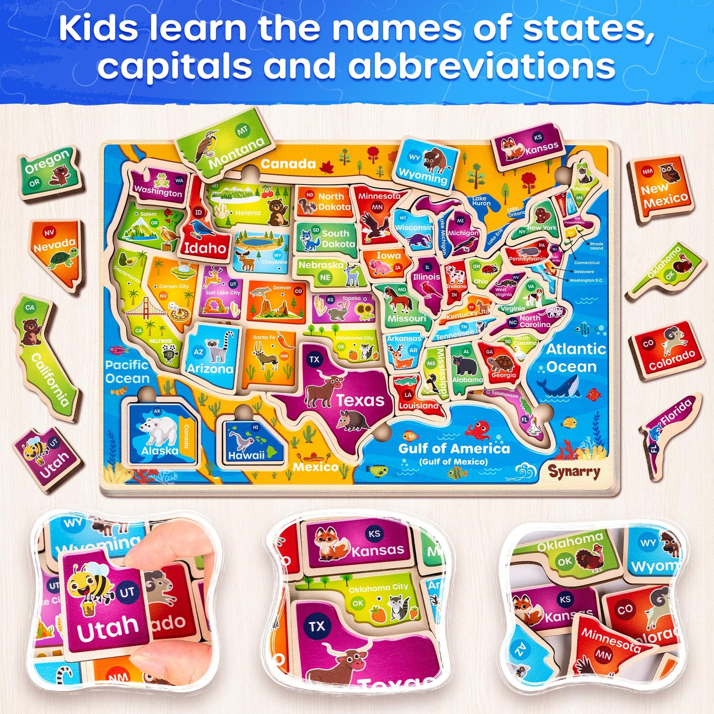 SYNARRY Large USA Wooden Puzzle for Kids – Learn US Geography (Ages 3-8)