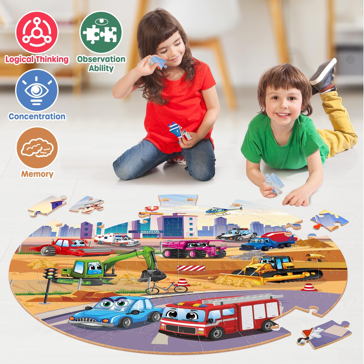 SYNARRY Vehicle Floor Puzzle – 70-Piece Giant Circle for Ages 3-8 | Durable, Double-Sided Transportation Toy