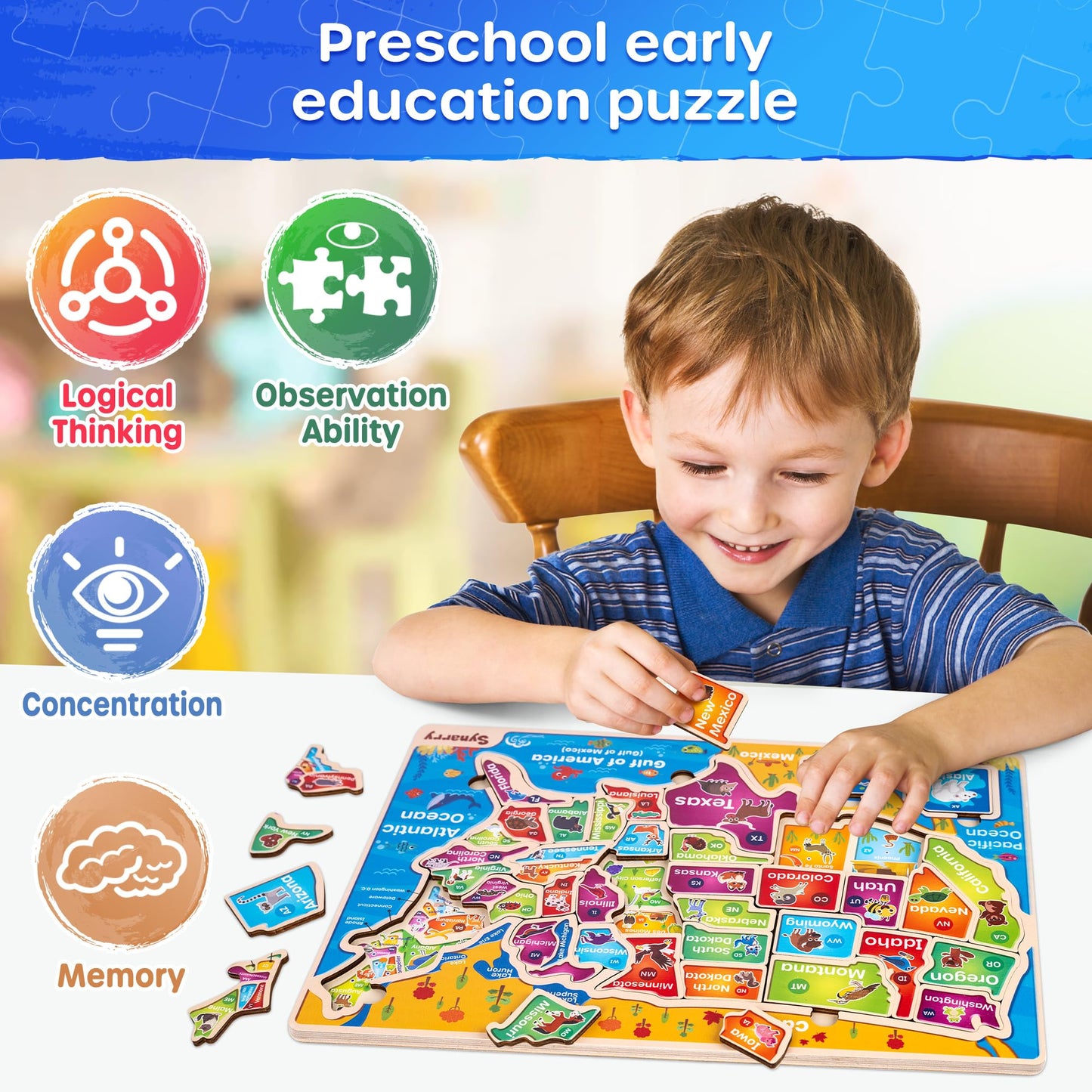 SYNARRY Large USA Wooden Puzzle for Kids – Learn US Geography (Ages 3-8)