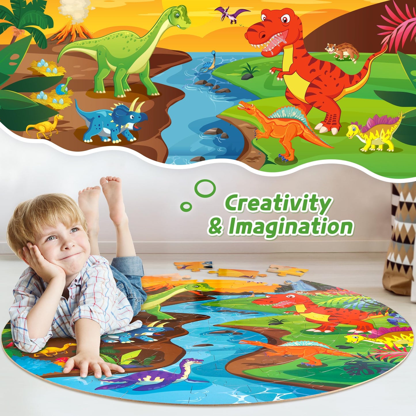 SYNARRY Dinosaur Floor Puzzle - 70-Piece Giant Round Puzzle for Kids 3-8 | Educational Gift