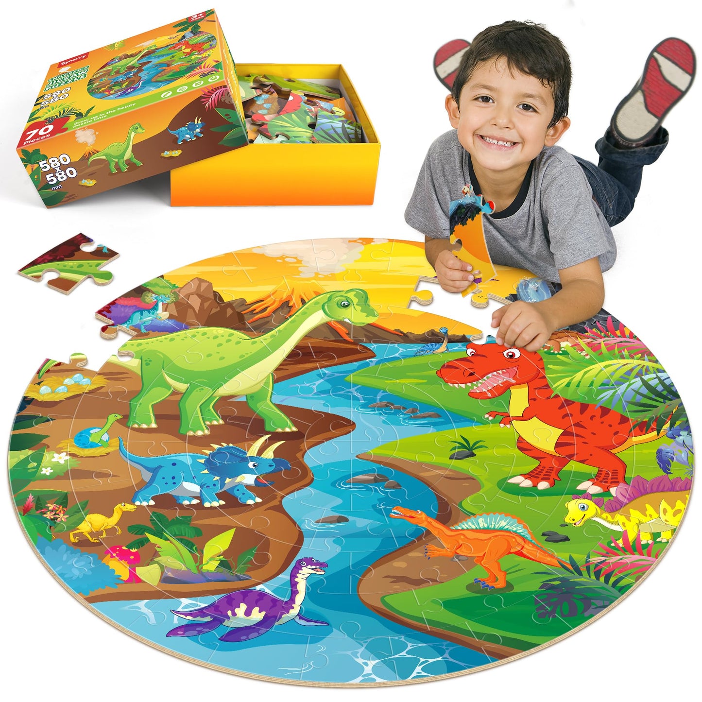 SYNARRY Dinosaur Floor Puzzle - 70-Piece Giant Round Puzzle for Kids 3-8 | Educational Gift