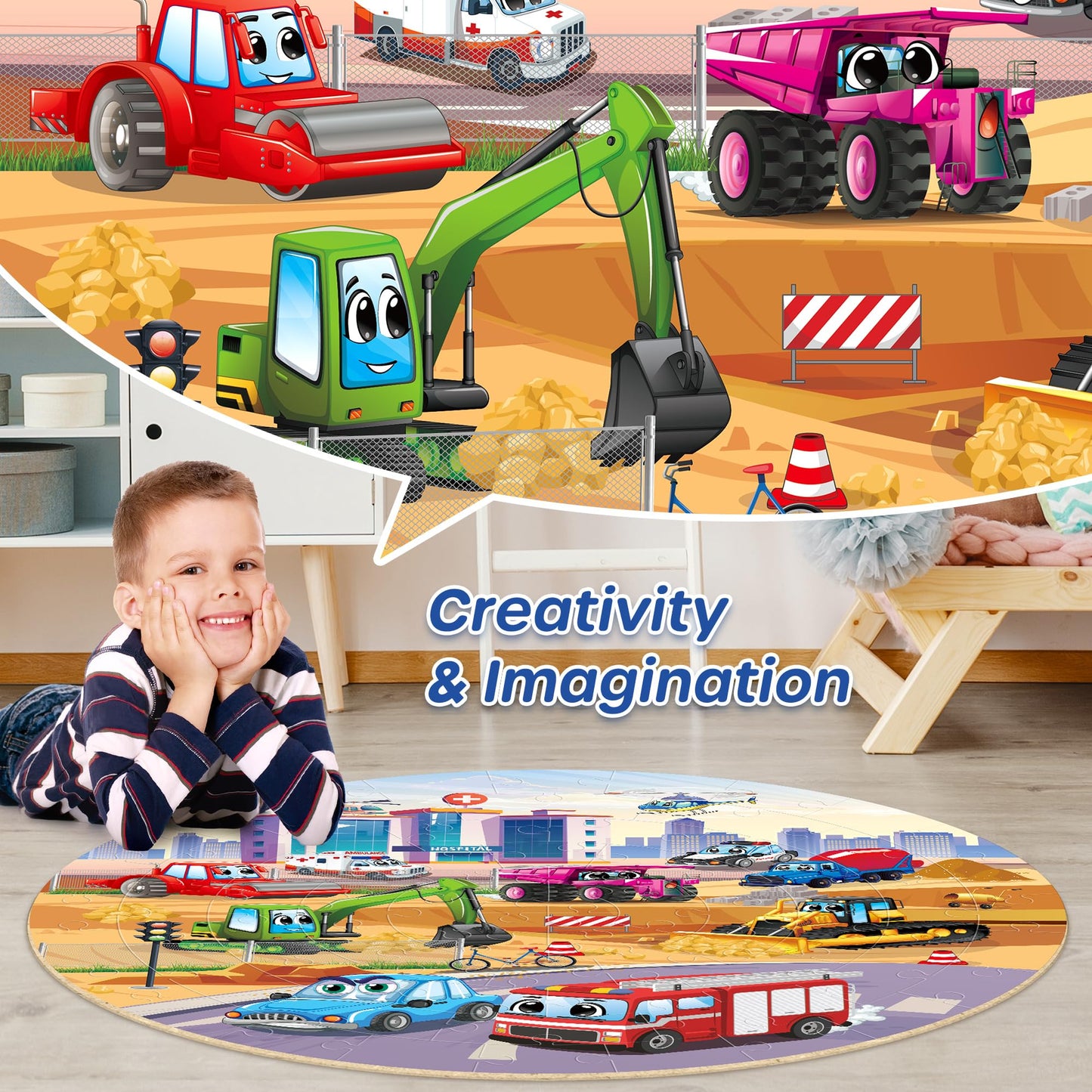 SYNARRY Vehicle Floor Puzzle – 70-Piece Giant Circle for Ages 3-8 | Durable, Double-Sided Transportation Toy