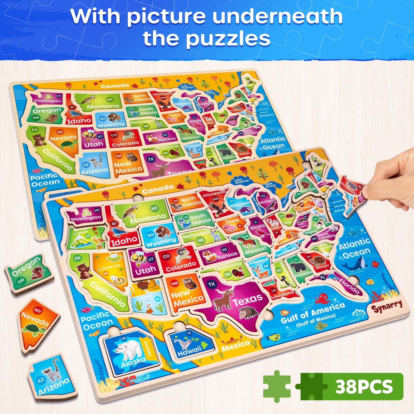 SYNARRY Large USA Wooden Puzzle for Kids – Learn US Geography (Ages 3-8)