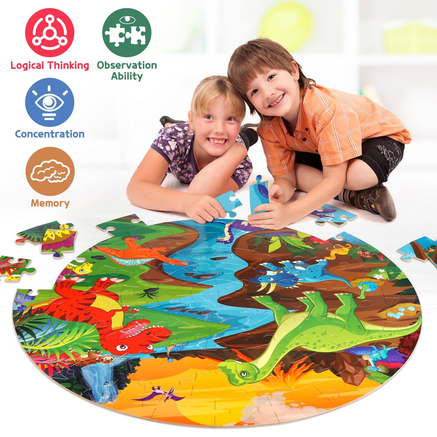 SYNARRY Dinosaur Floor Puzzle - 70-Piece Giant Round Puzzle for Kids 3-8 | Educational Gift