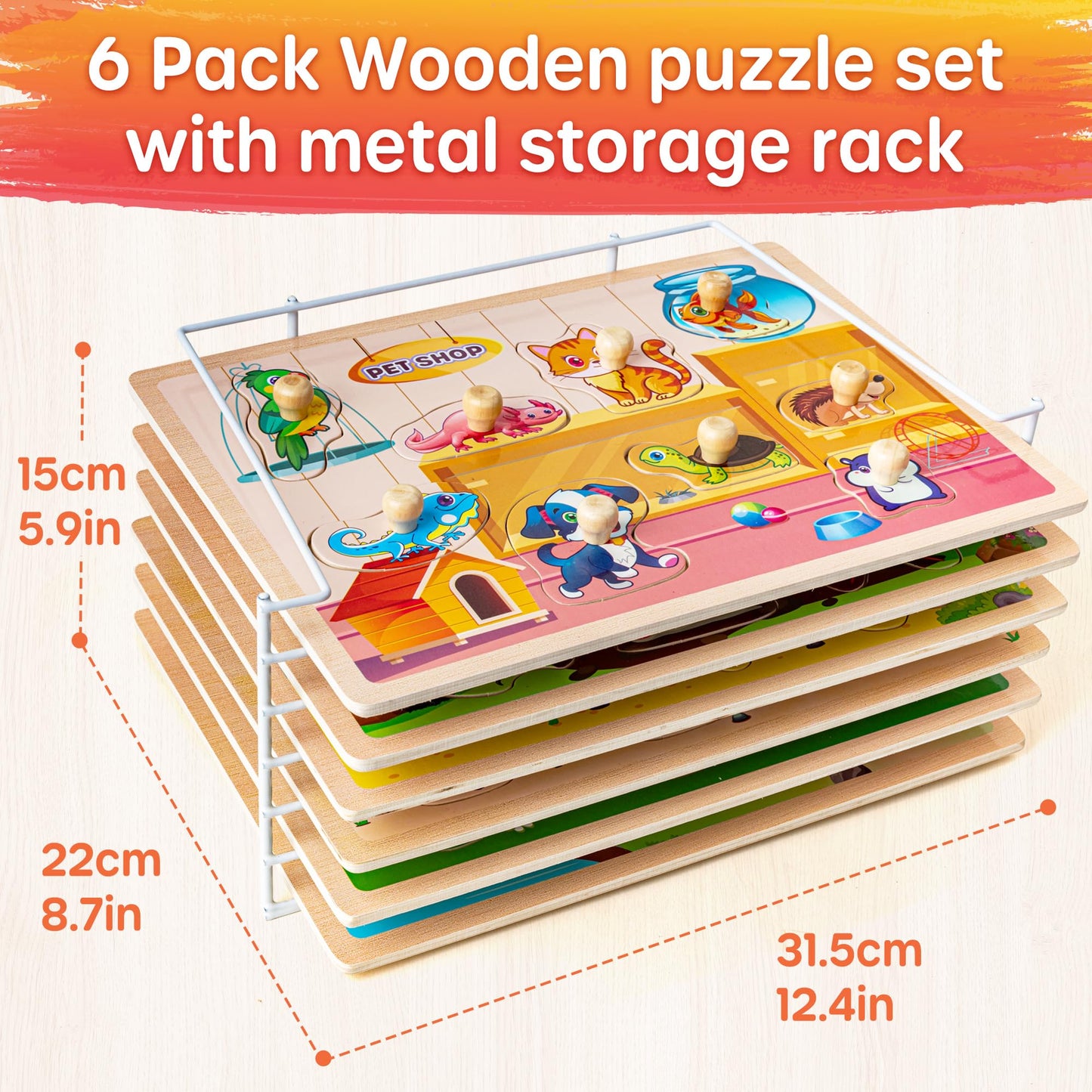 SYNARRY Wooden Puzzles for Toddlers 1-4 – 6 Animal Puzzles with Rack