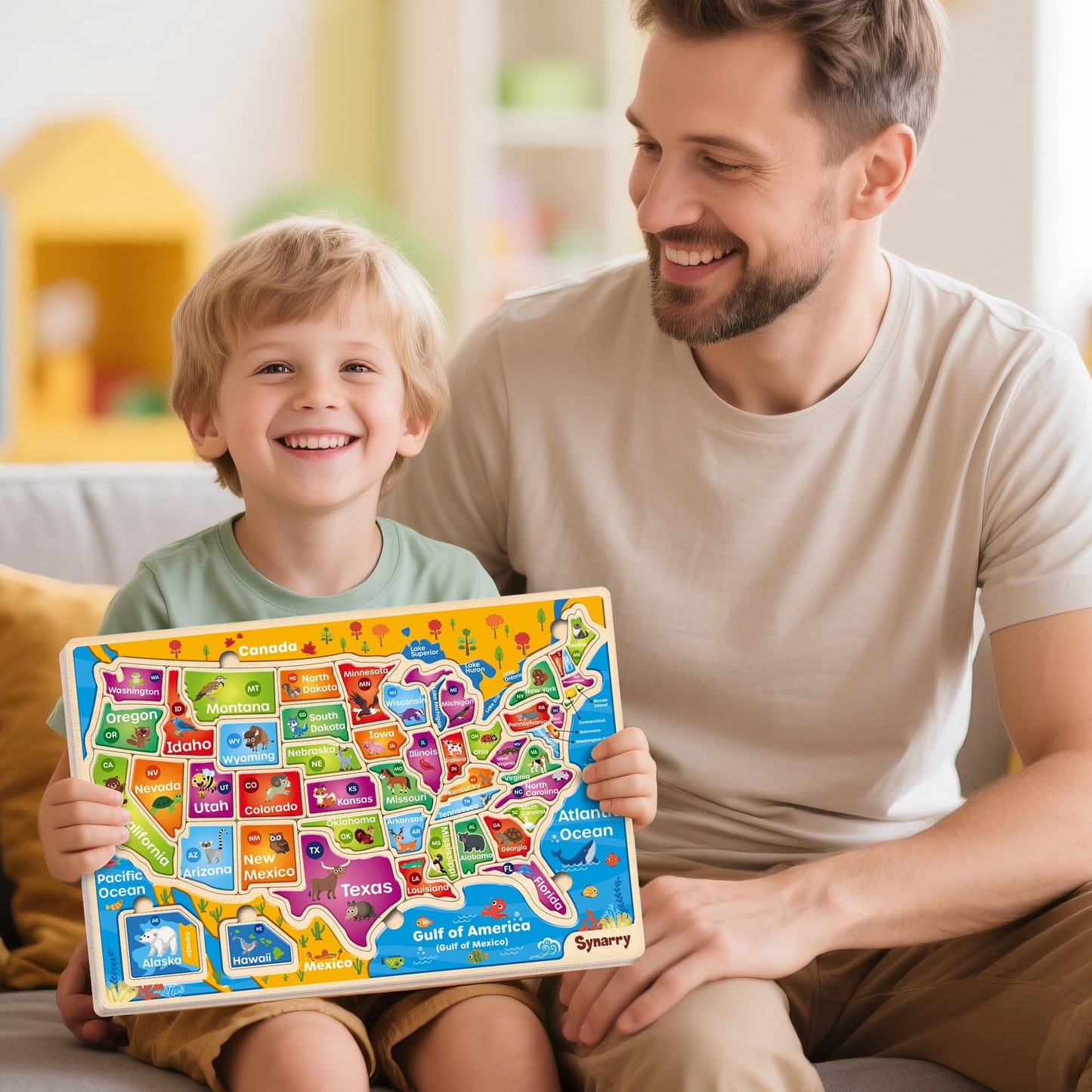 SYNARRY Large USA Wooden Puzzle for Kids – Learn US Geography (Ages 3-8)
