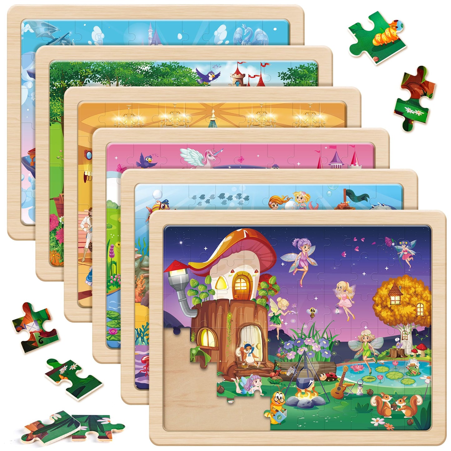 SYNARRY Unicorn Mermaid Princess Fairy Wooden Puzzles – 6-Pack, 60-Piece Jigsaws for Kids