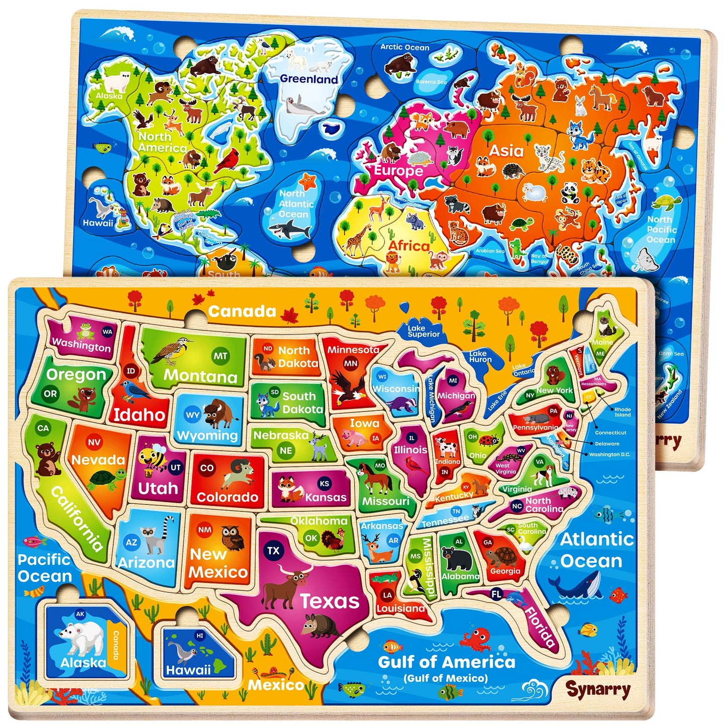 SYNARRY Large USA World Wooden Puzzles for Kids 3-8 – Geography Learning Set (2 Puzzles)