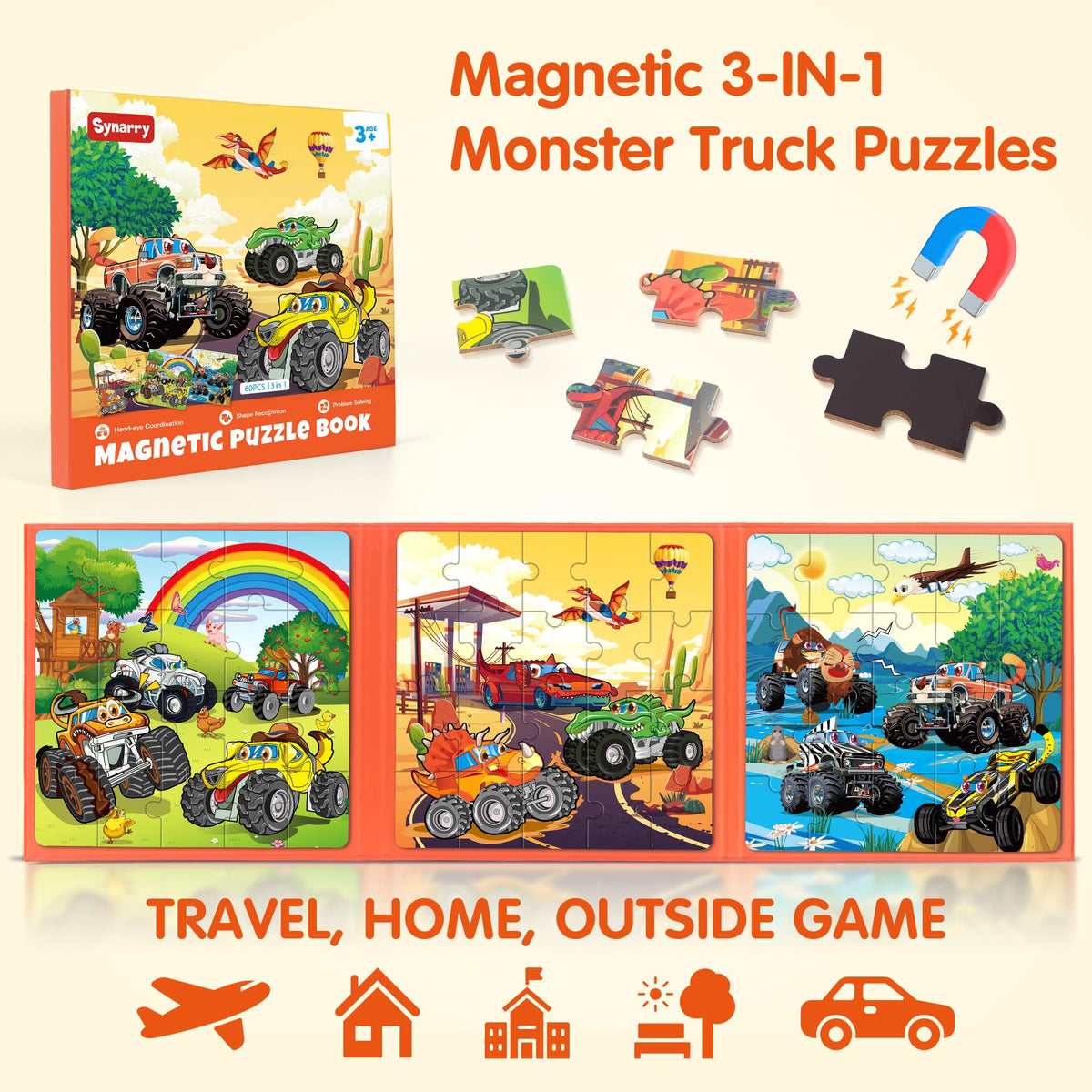 SYNARRY Magnetic Puzzles for Toddlers 3-5 – 20-Piece Travel Puzzles for Cars & Planes