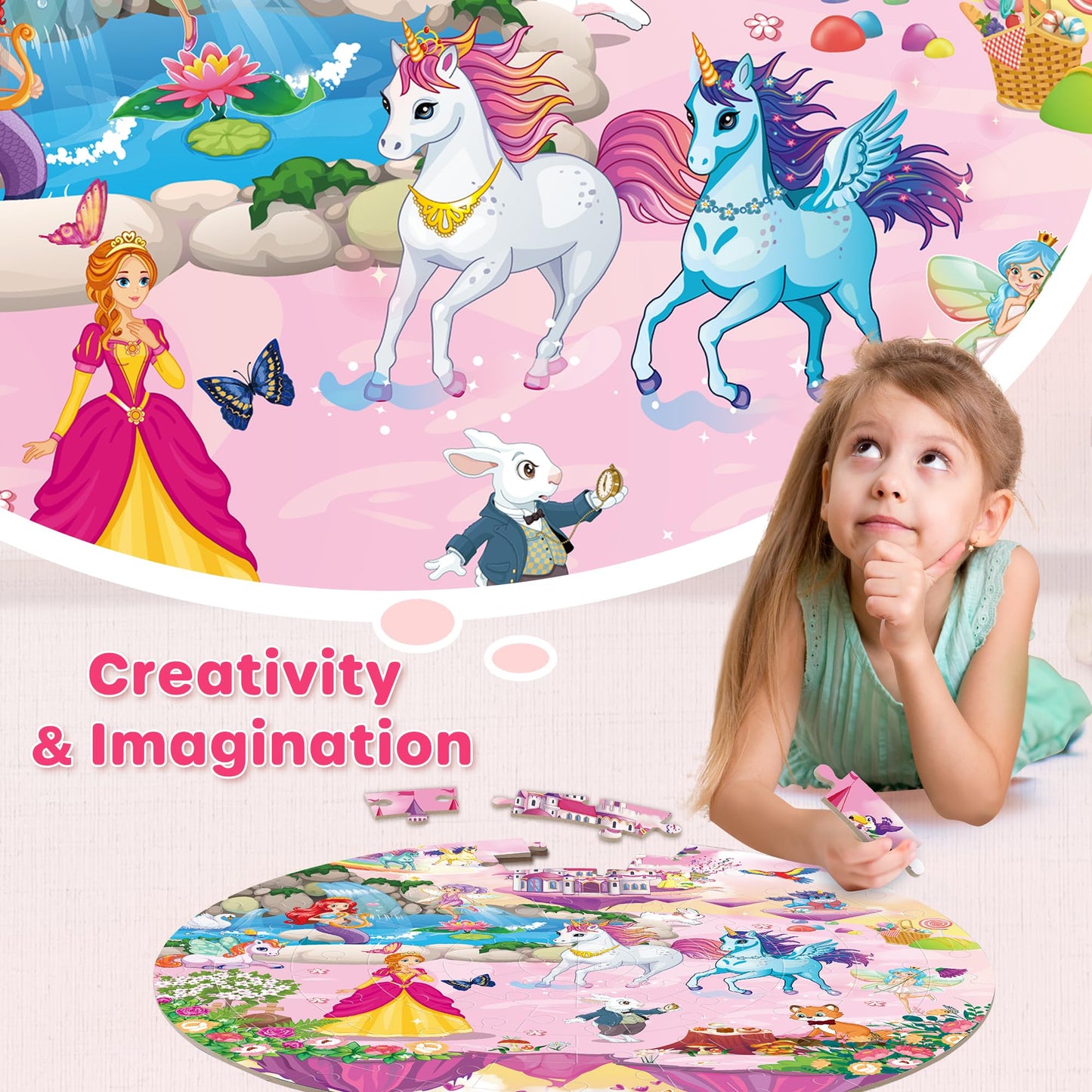 SYNARRY Unicorn Princess Mermaid Fairy Floor Puzzle – 70-Piece Wooden Circle Puzzle (Ages 3-8)