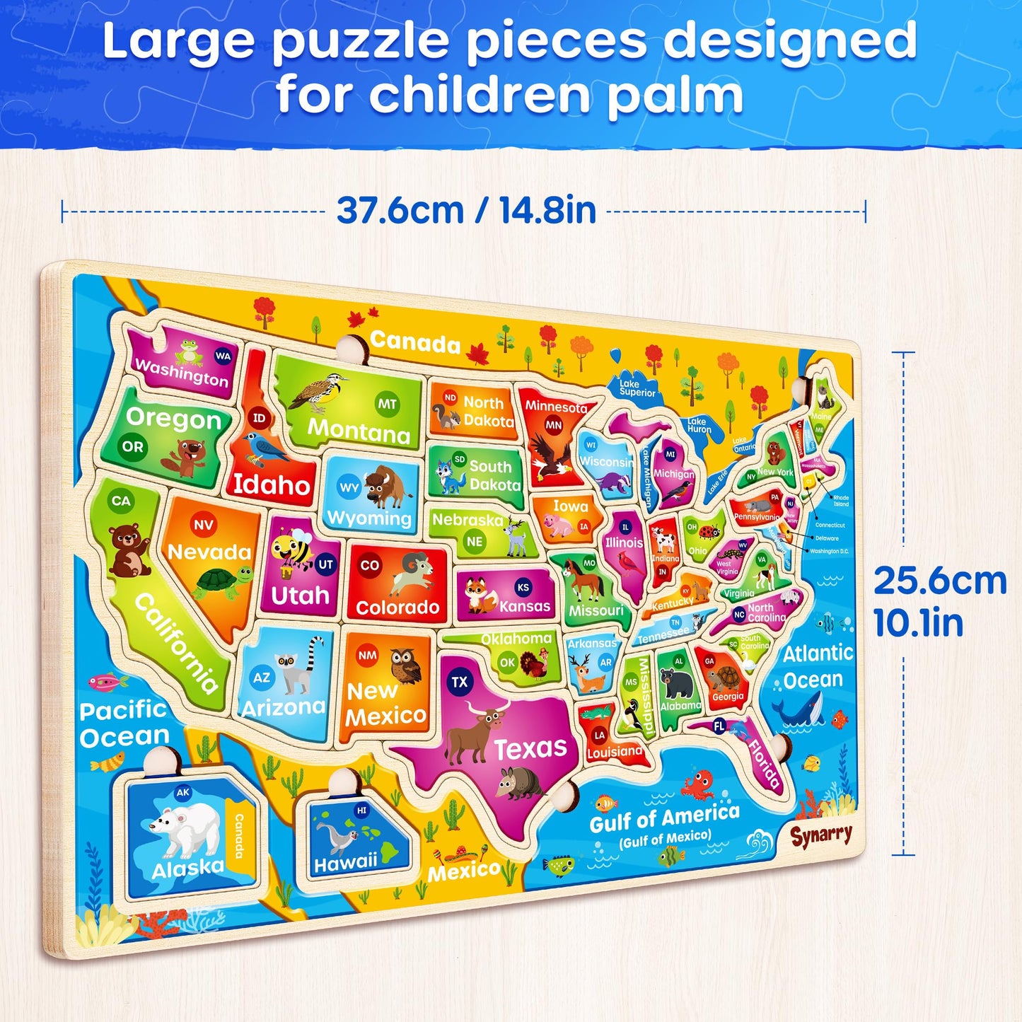 SYNARRY Large USA Wooden Puzzle for Kids – Learn US Geography (Ages 3-8)