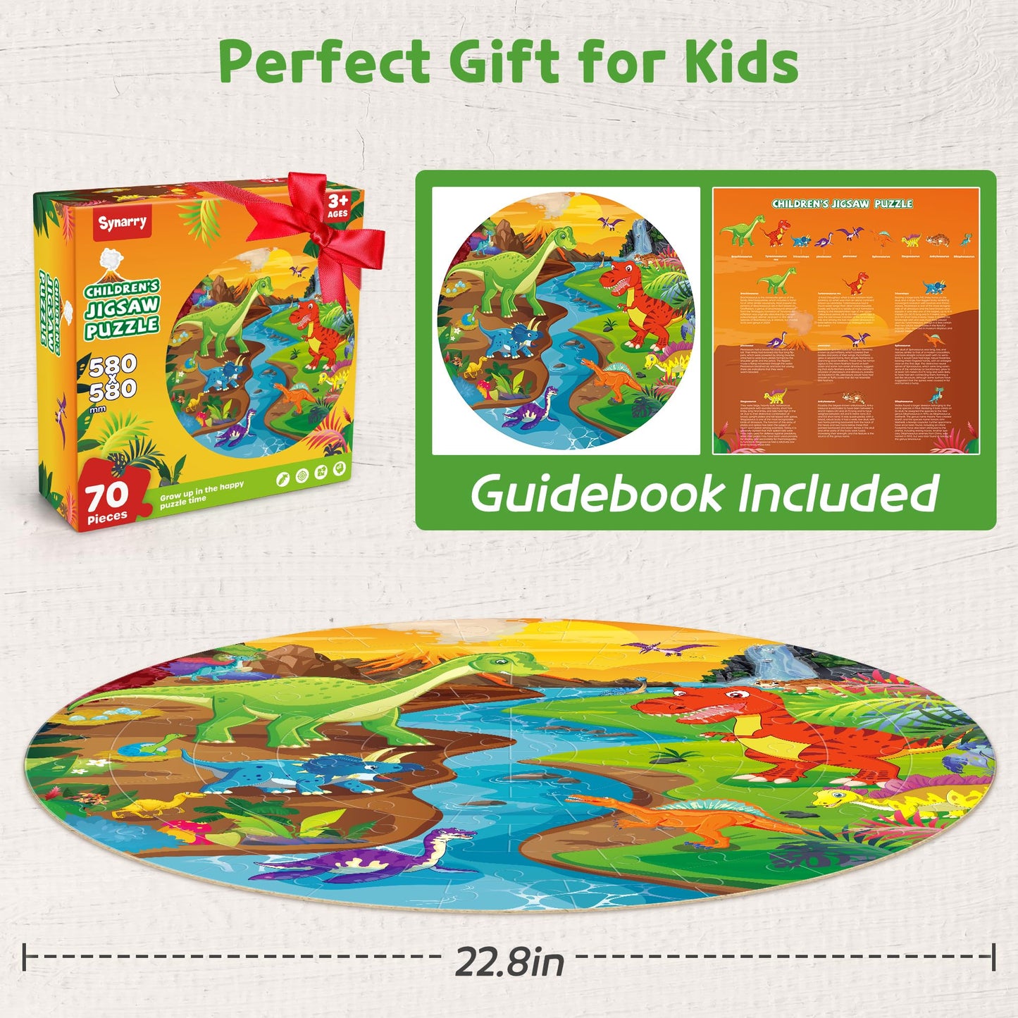 SYNARRY Dinosaur Floor Puzzle - 70-Piece Giant Round Puzzle for Kids 3-8 | Educational Gift