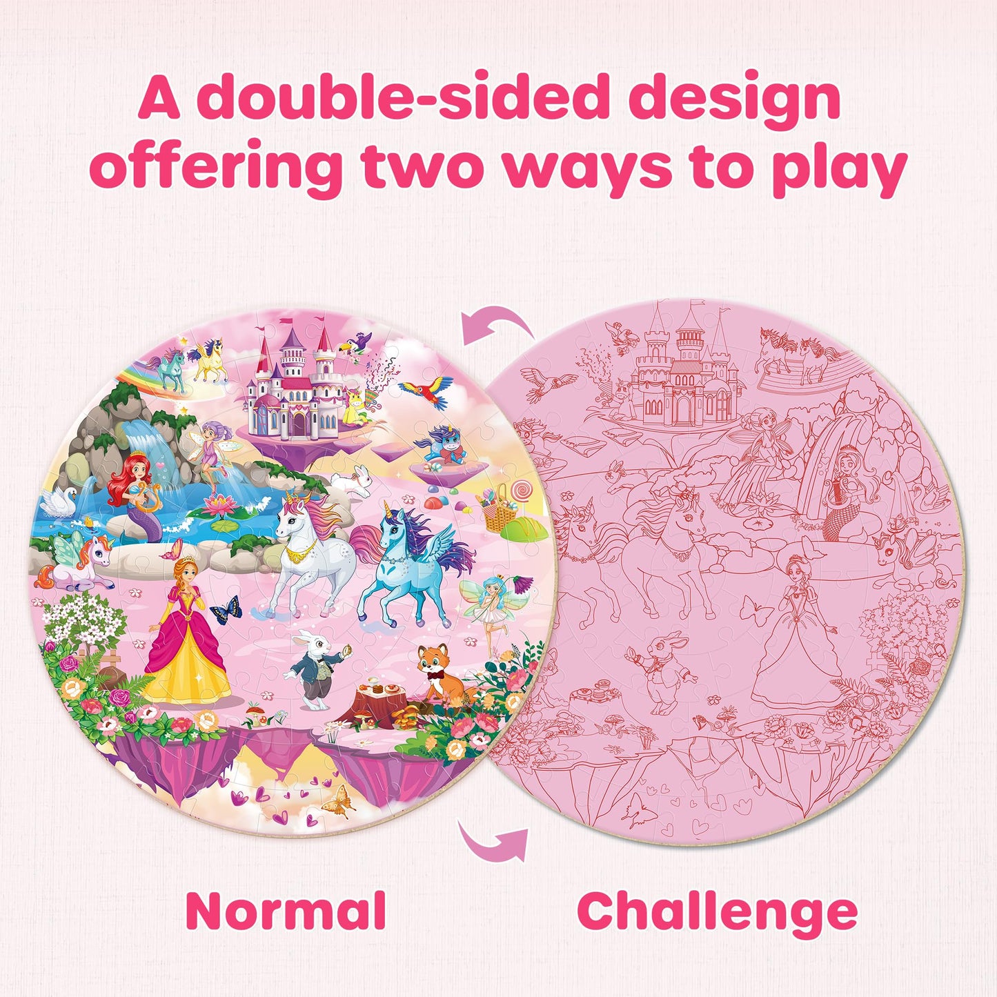 SYNARRY Unicorn Princess Mermaid Fairy Floor Puzzle – 70-Piece Wooden Circle Puzzle (Ages 3-8)