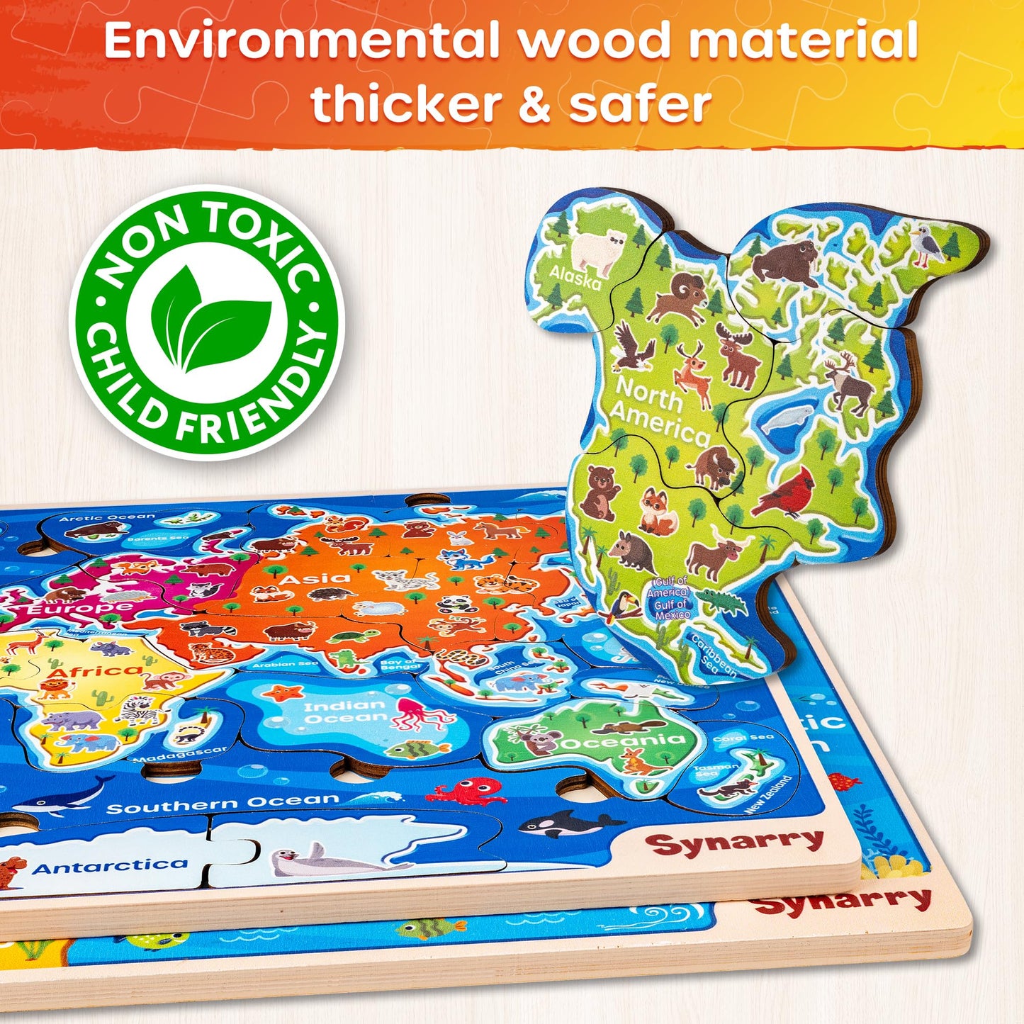 SYNARRY Large USA World Wooden Puzzles for Kids 3-8 – Geography Learning Set (2 Puzzles)