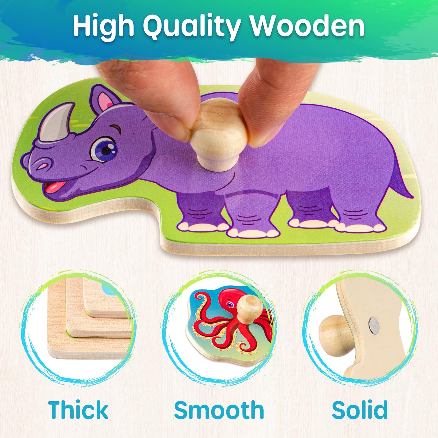 SYNARRY Wooden Puzzles for Toddlers 1-4 – 6 Animal Puzzles with Rack