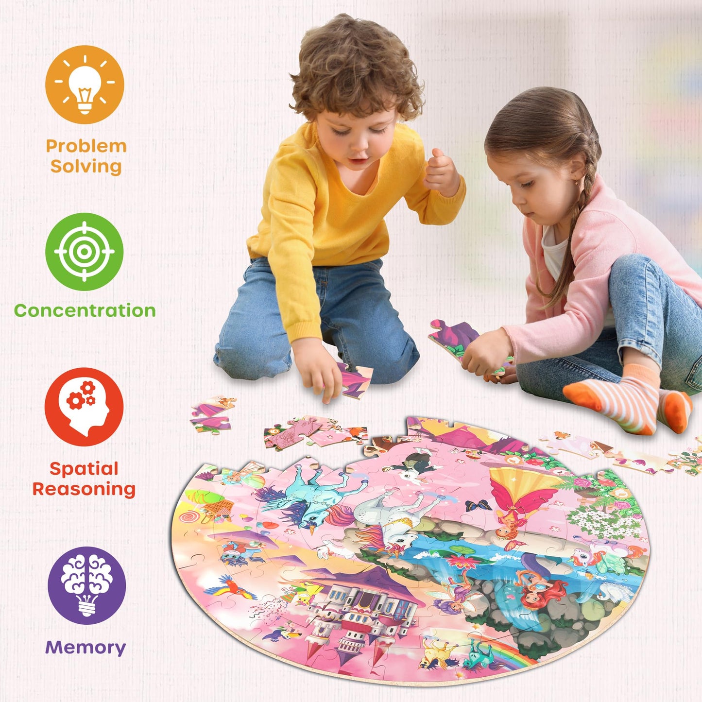 SYNARRY Unicorn Princess Mermaid Fairy Floor Puzzle – 70-Piece Wooden Circle Puzzle (Ages 3-8)