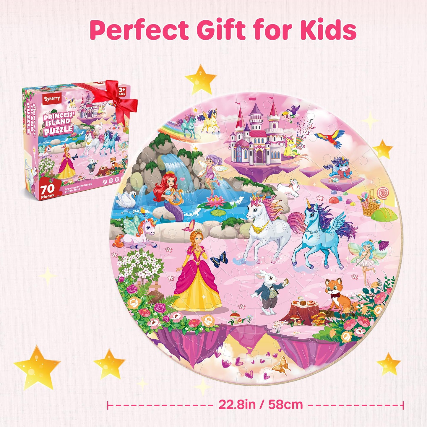 SYNARRY Unicorn Princess Mermaid Fairy Floor Puzzle – 70-Piece Wooden Circle Puzzle (Ages 3-8)