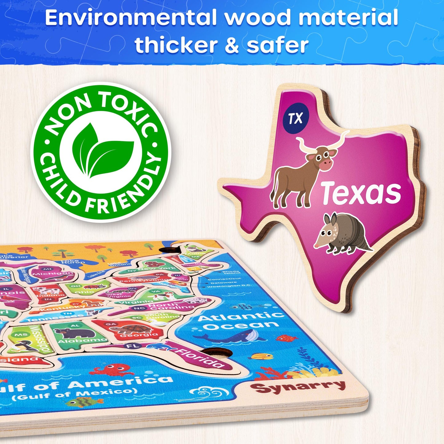 SYNARRY Large USA Wooden Puzzle for Kids – Learn US Geography (Ages 3-8)