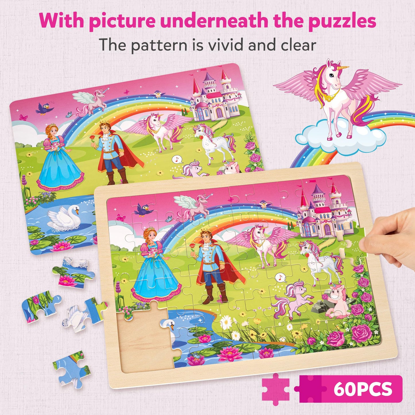 SYNARRY Unicorn Mermaid Princess Fairy Wooden Puzzles – 6-Pack, 60-Piece Jigsaws for Kids