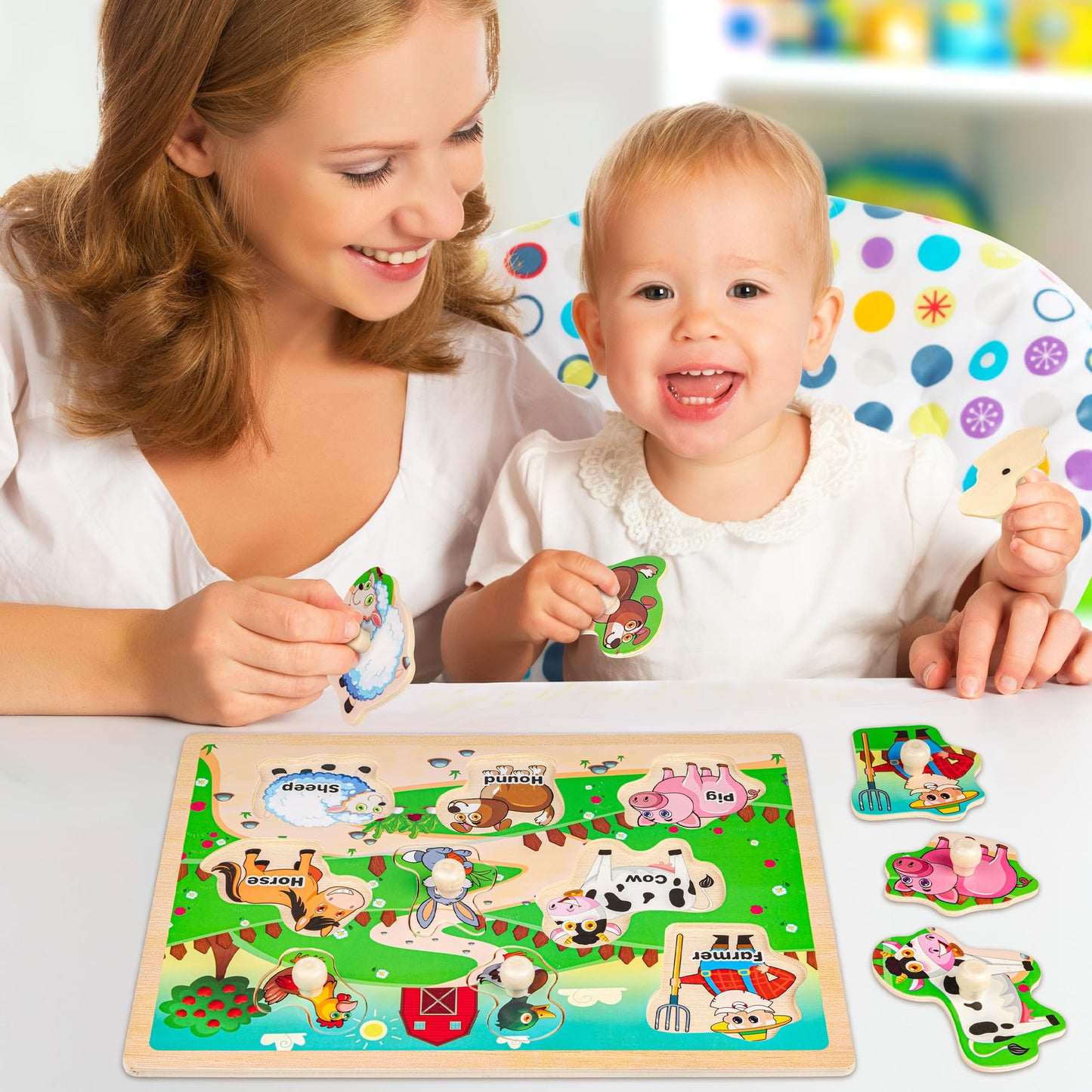 SYNARRY Wooden Puzzles for Toddlers 1-4 – 6 Animal Puzzles with Rack