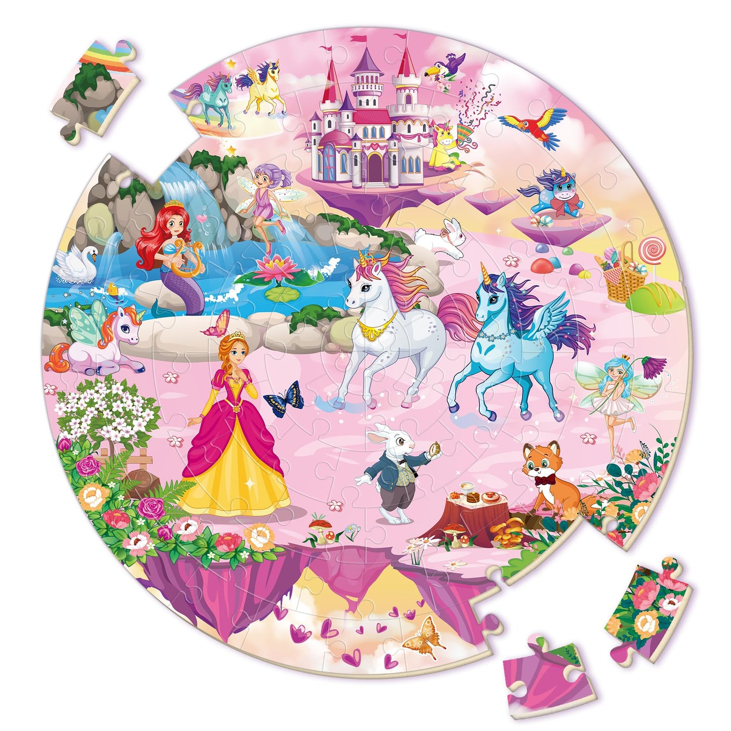 SYNARRY Unicorn Princess Mermaid Fairy Floor Puzzle – 70-Piece Wooden Circle Puzzle (Ages 3-8)