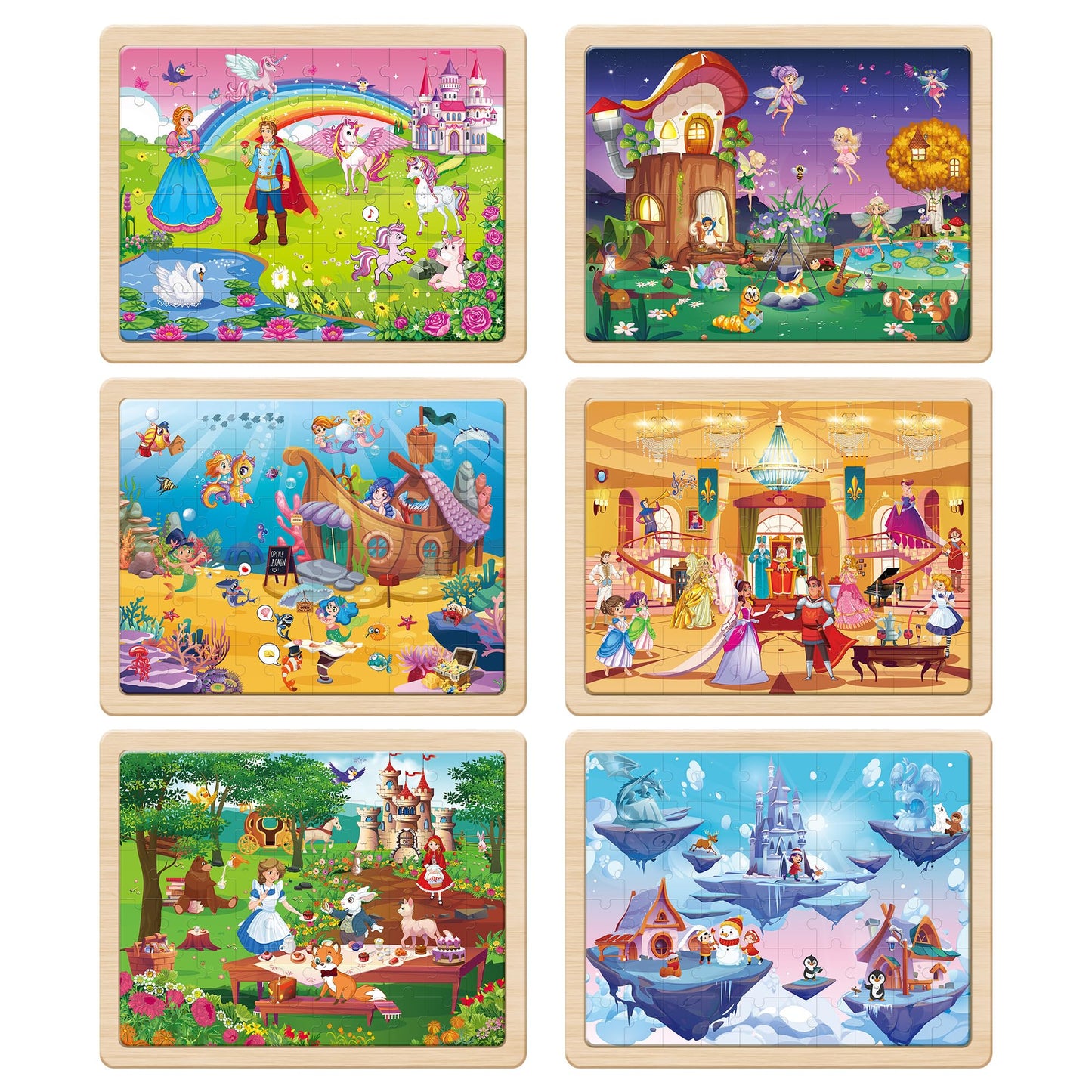 SYNARRY Unicorn Mermaid Princess Fairy Wooden Puzzles – 6-Pack, 60-Piece Jigsaws for Kids