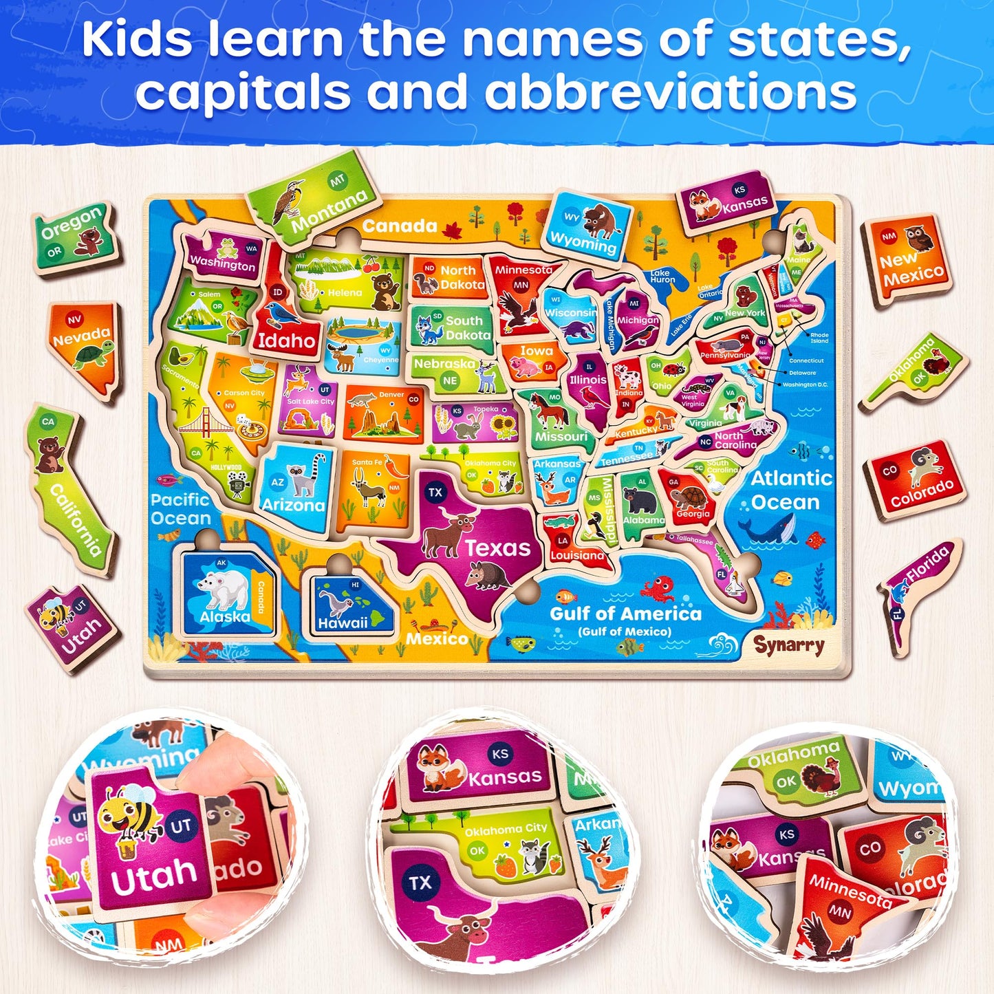 SYNARRY Large USA World Wooden Puzzles for Kids 3-8 – Geography Learning Set (2 Puzzles)