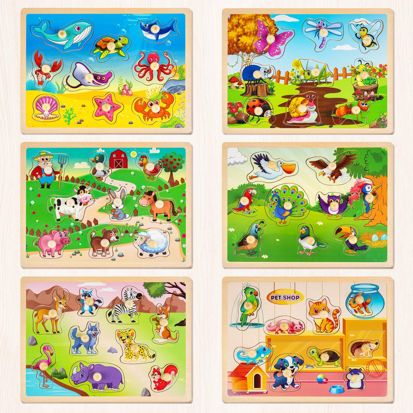 SYNARRY Wooden Puzzles for Toddlers 1-4 – 6 Animal Puzzles with Rack