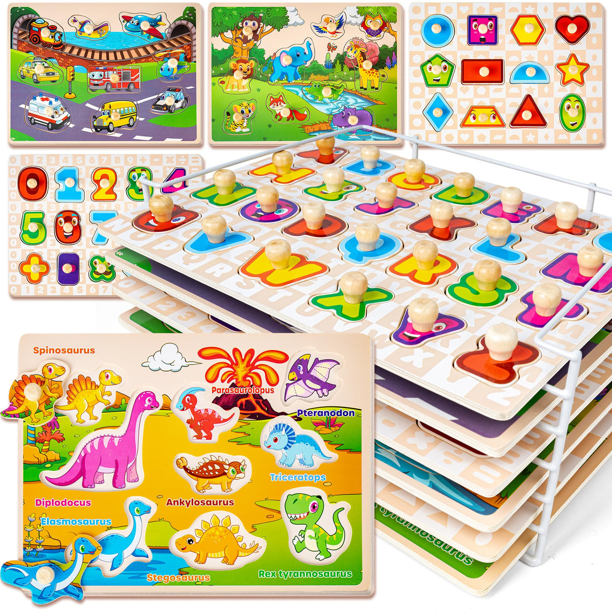 SYNARRY Wooden Puzzles for Toddlers 1-3 & 2-4 – 6-Piece Rack Set (Alphabet, Numbers, Shapes, Animals, Dinosaur)