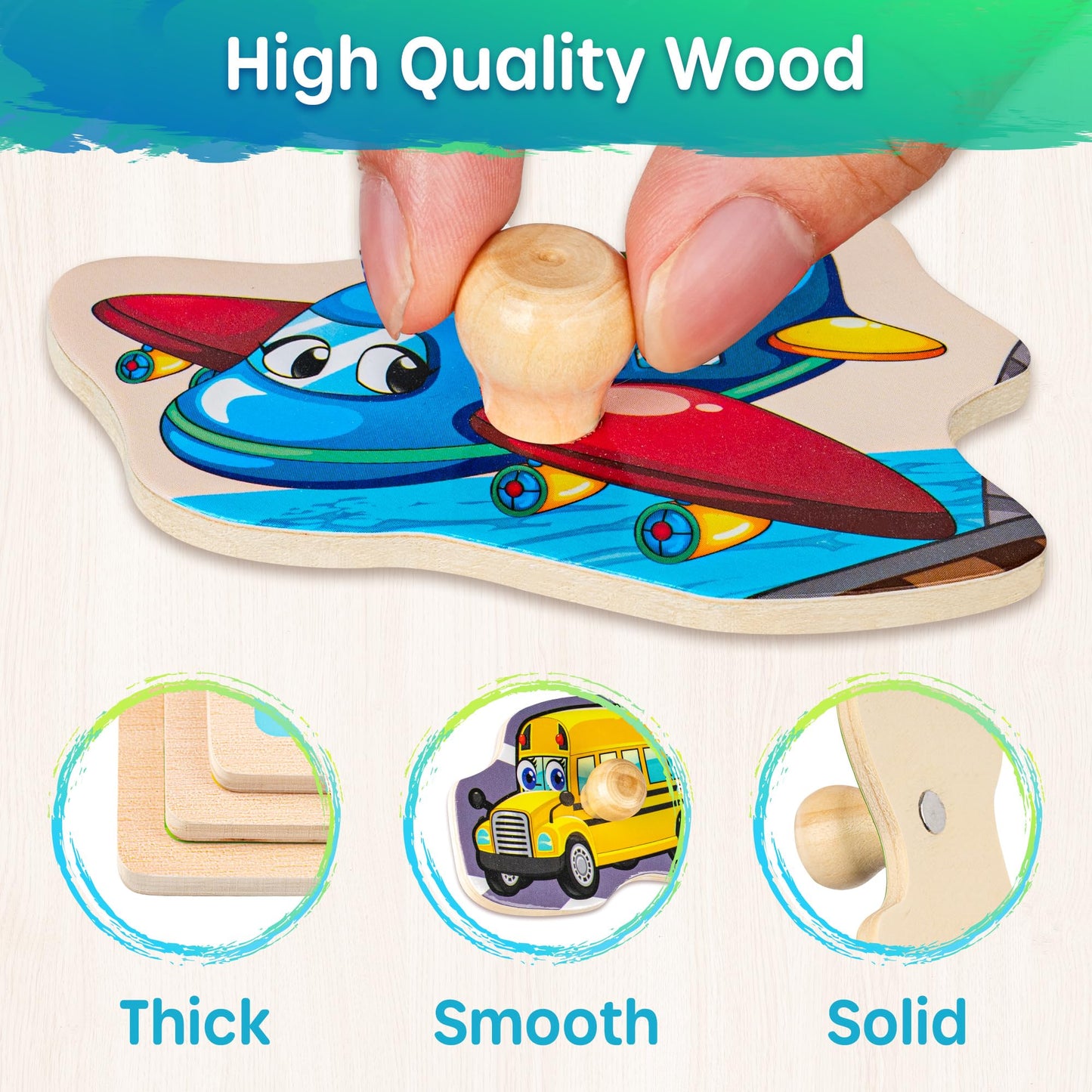 SYNARRY Wooden Puzzles for Toddlers 1-3 & 2-4 – 6-Piece Rack Set (Alphabet, Numbers, Shapes, Animals, Dinosaur)
