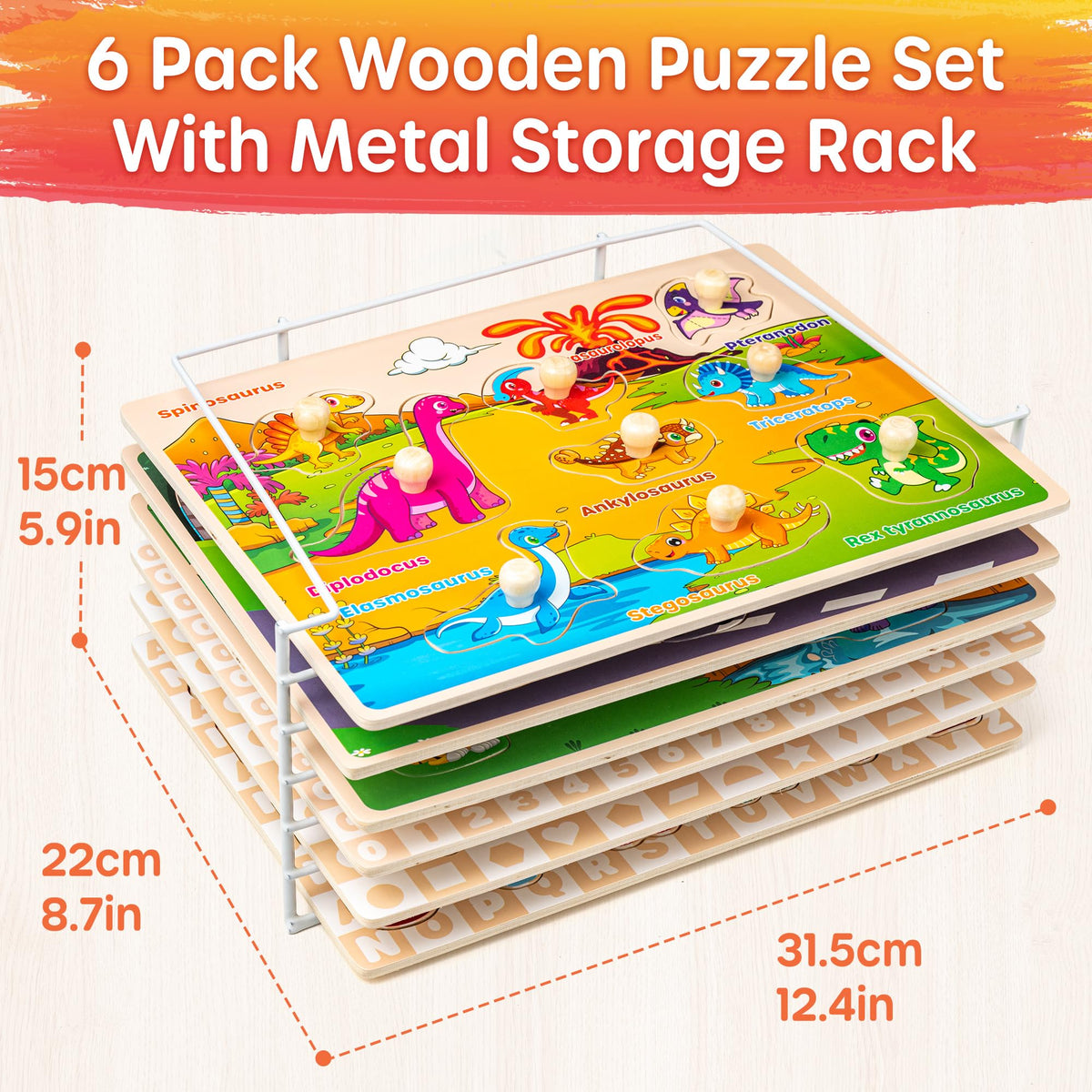 SYNARRY Wooden Puzzles for Toddlers 1-3 & 2-4 – 6-Piece Rack Set (Alphabet, Numbers, Shapes, Animals, Dinosaur)