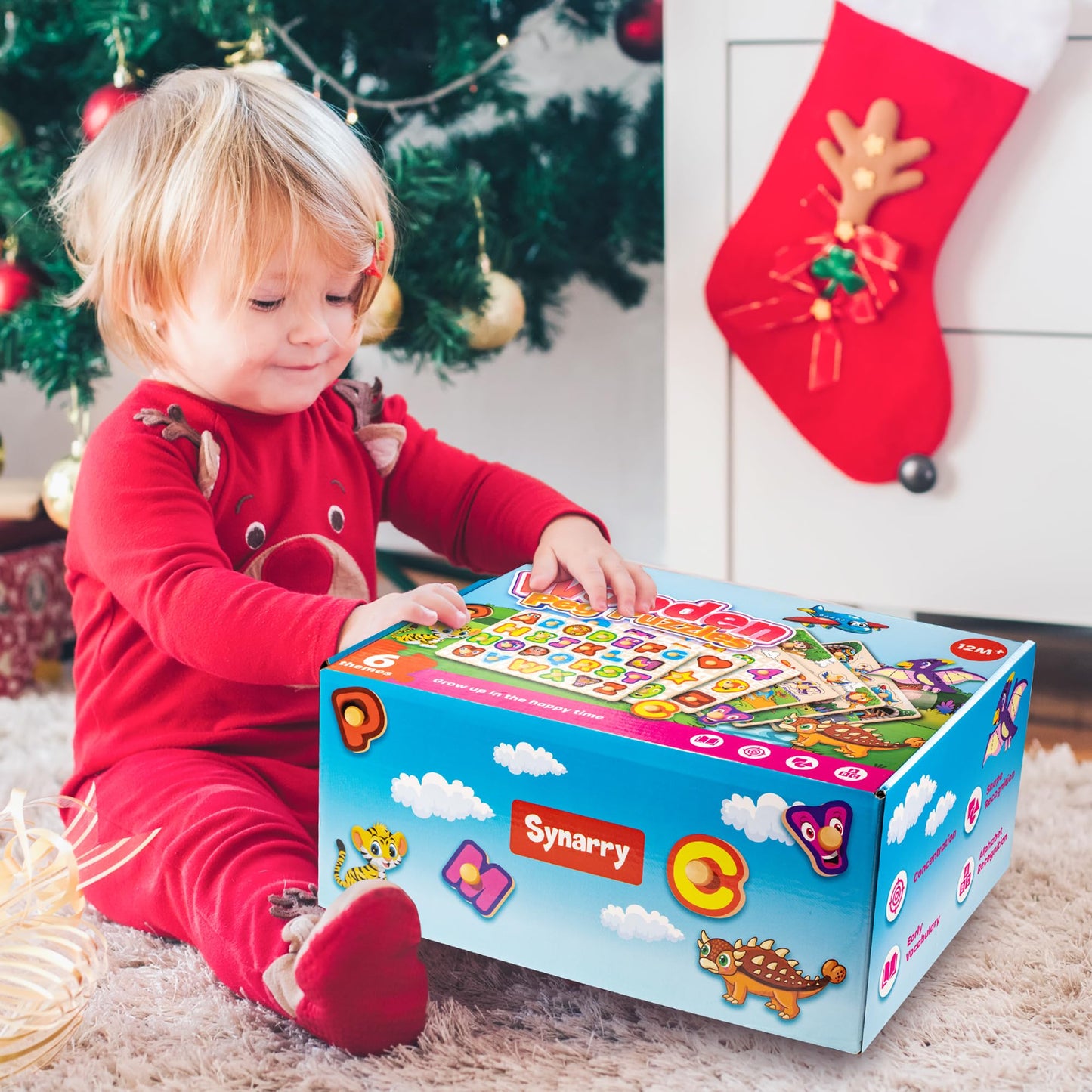SYNARRY Wooden Puzzles for Toddlers 1-3 & 2-4 – 6-Piece Rack Set (Alphabet, Numbers, Shapes, Animals, Dinosaur)
