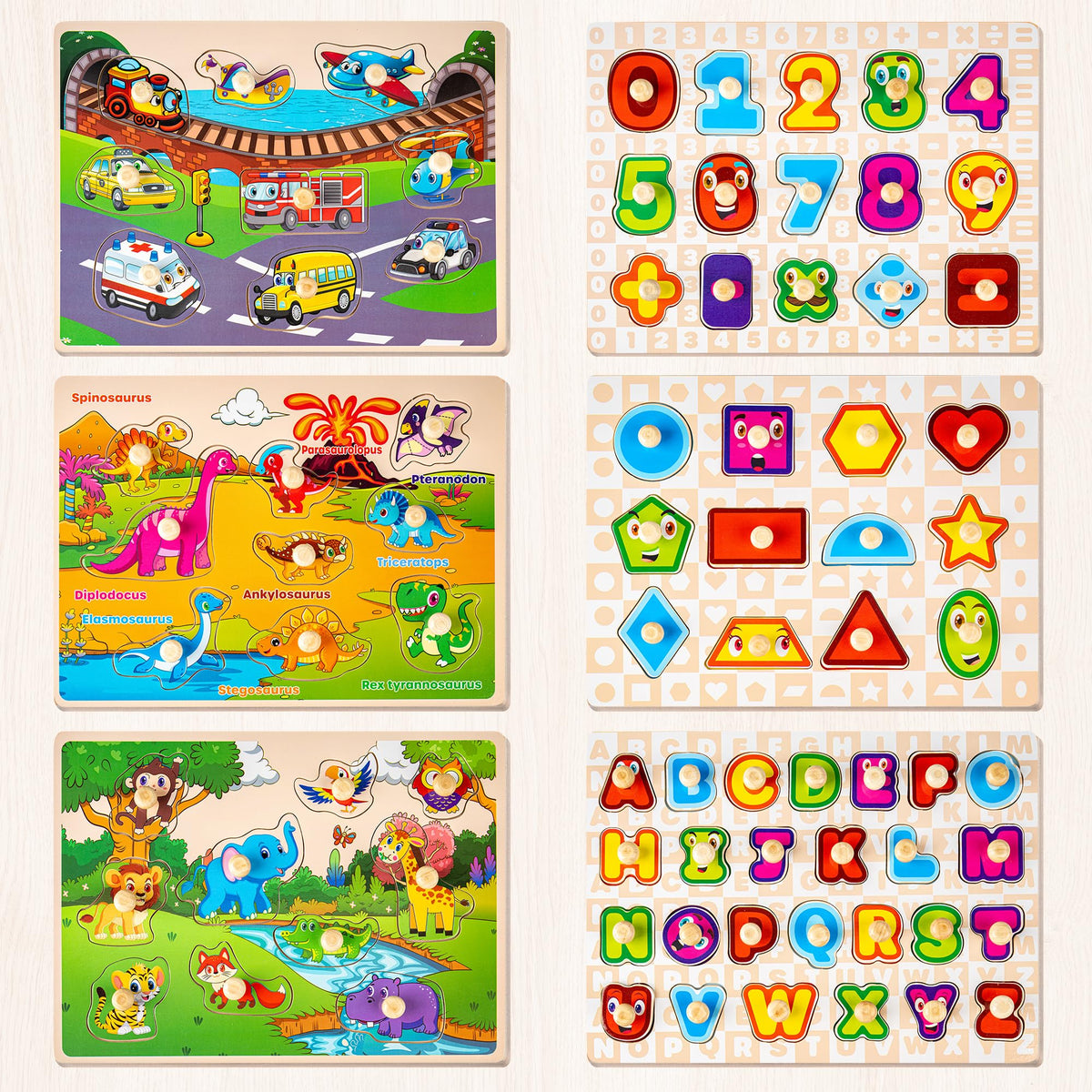 SYNARRY Wooden Puzzles for Toddlers 1-3 & 2-4 – 6-Piece Rack Set (Alphabet, Numbers, Shapes, Animals, Dinosaur)