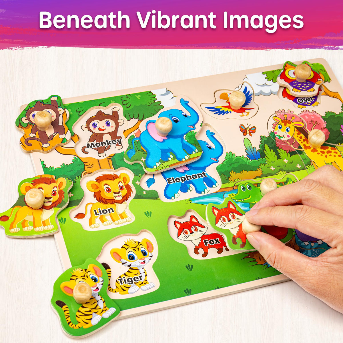SYNARRY Wooden Puzzles for Toddlers 1-3 & 2-4 – 6-Piece Rack Set (Alphabet, Numbers, Shapes, Animals, Dinosaur)