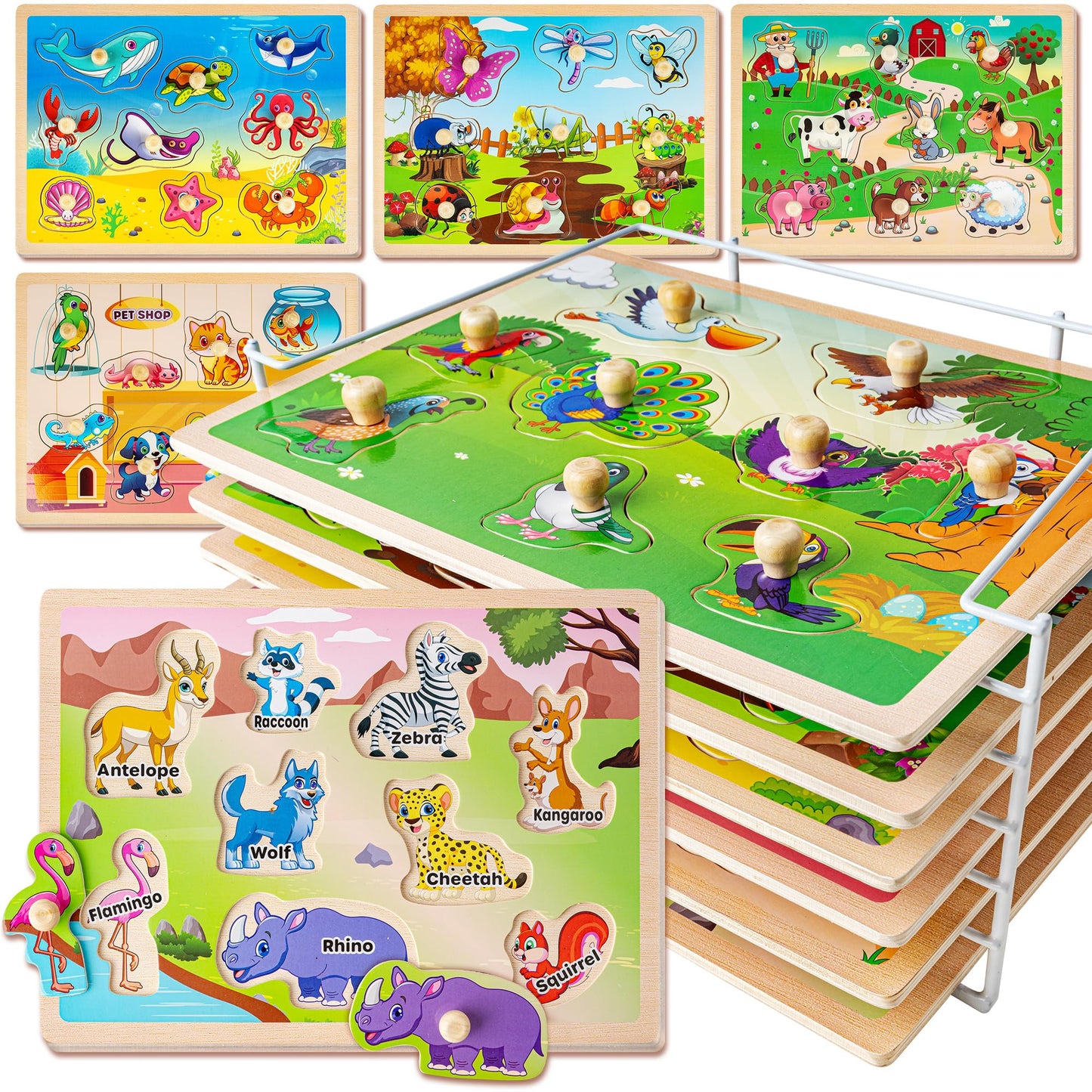 SYNARRY Wooden Puzzles for Toddlers 1-4 – 6 Animal Puzzles with Rack