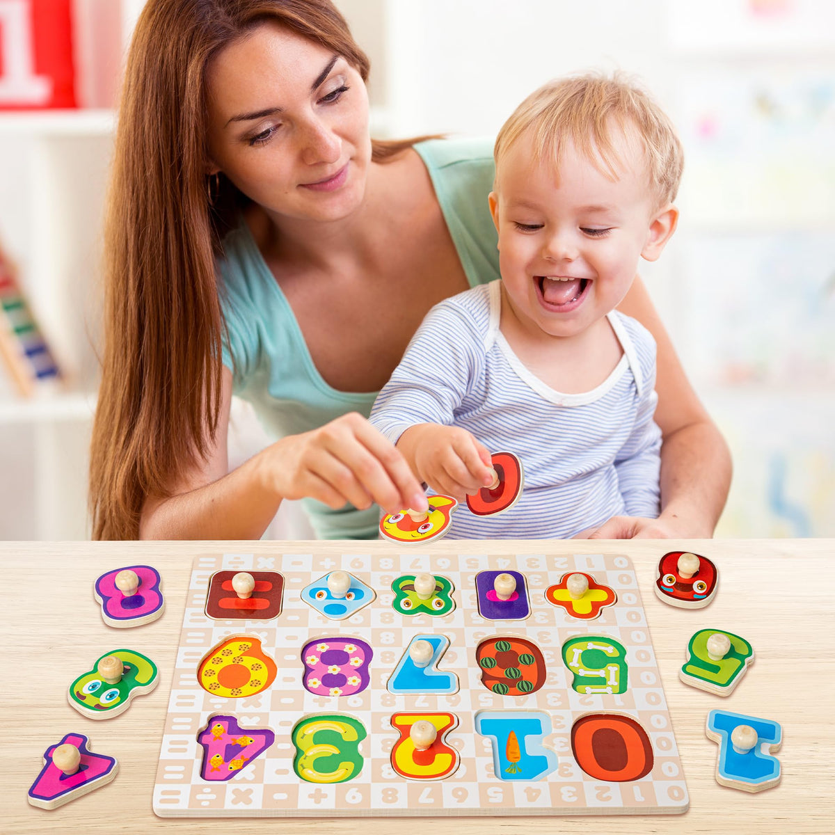 SYNARRY Wooden Puzzles for Toddlers 1-3 & 2-4 – 6-Piece Rack Set (Alphabet, Numbers, Shapes, Animals, Dinosaur)